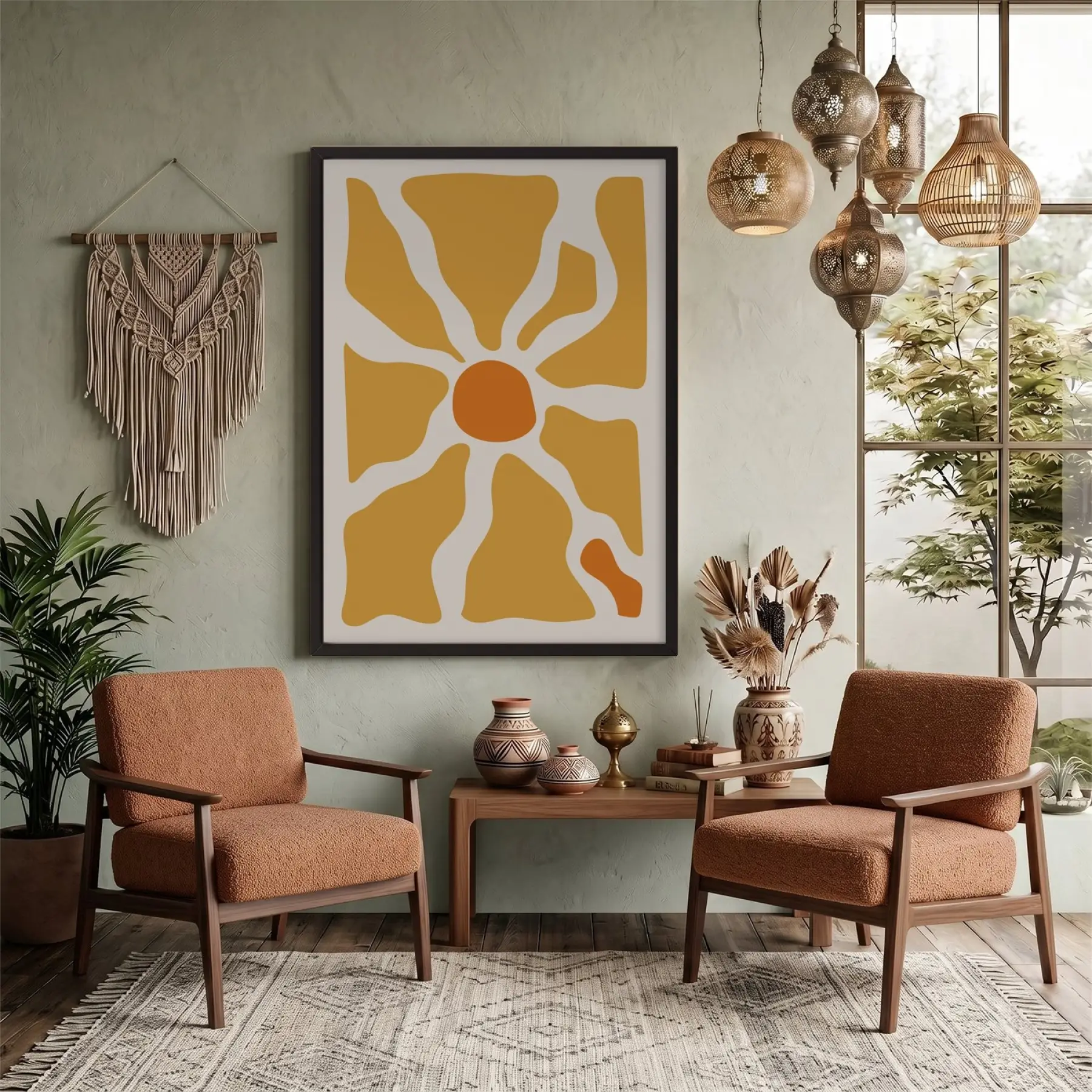 Hardal Sarısı Soyut Akış Siyah Ahşap Çerçeveli Tablo Dekoru Poster Obje Ev Aksesuarları