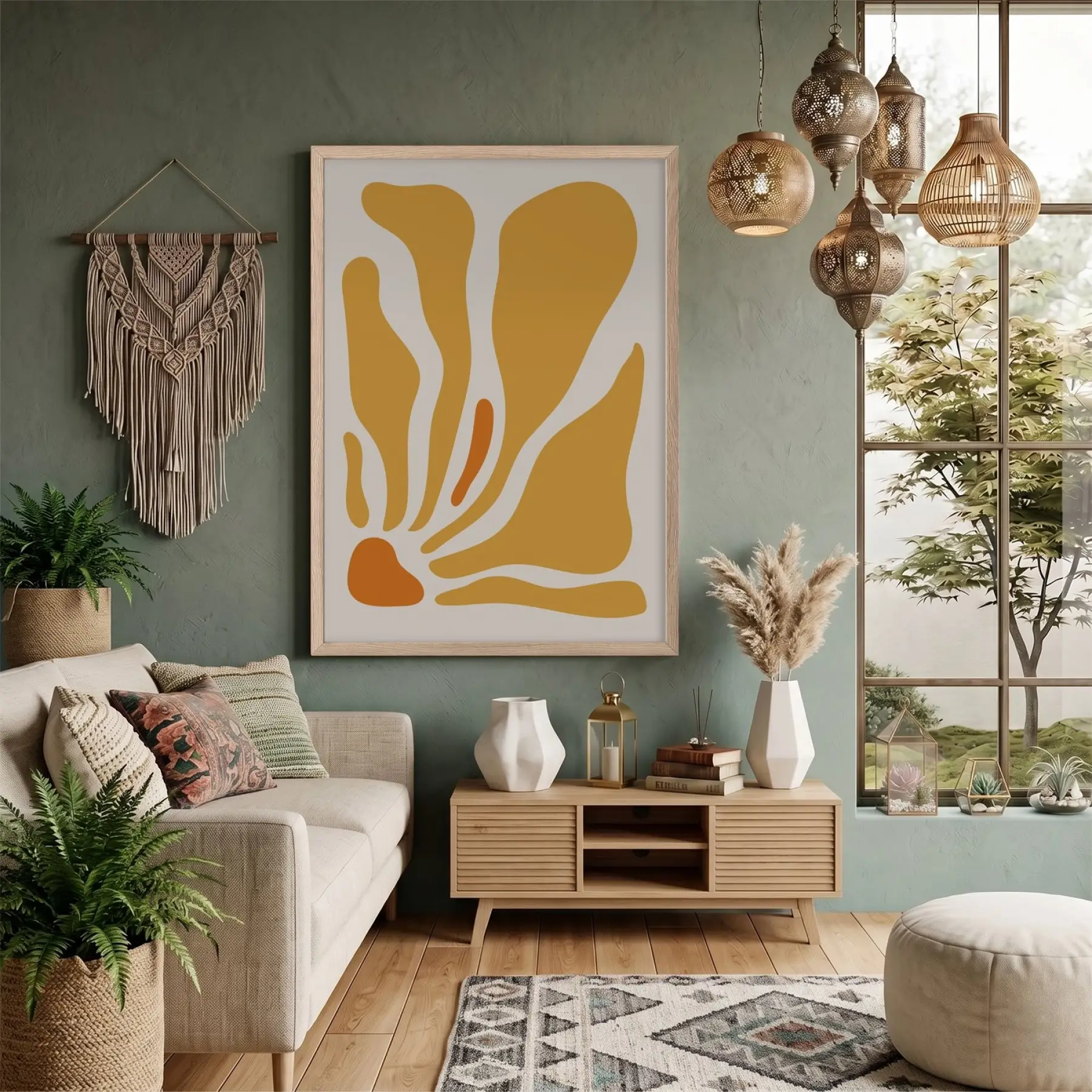 Hardal Sarısı Akışkan Formlar Doğal Ahşap Çerçeveli Tablo Ev Aksesuarları Modern Sanat İç