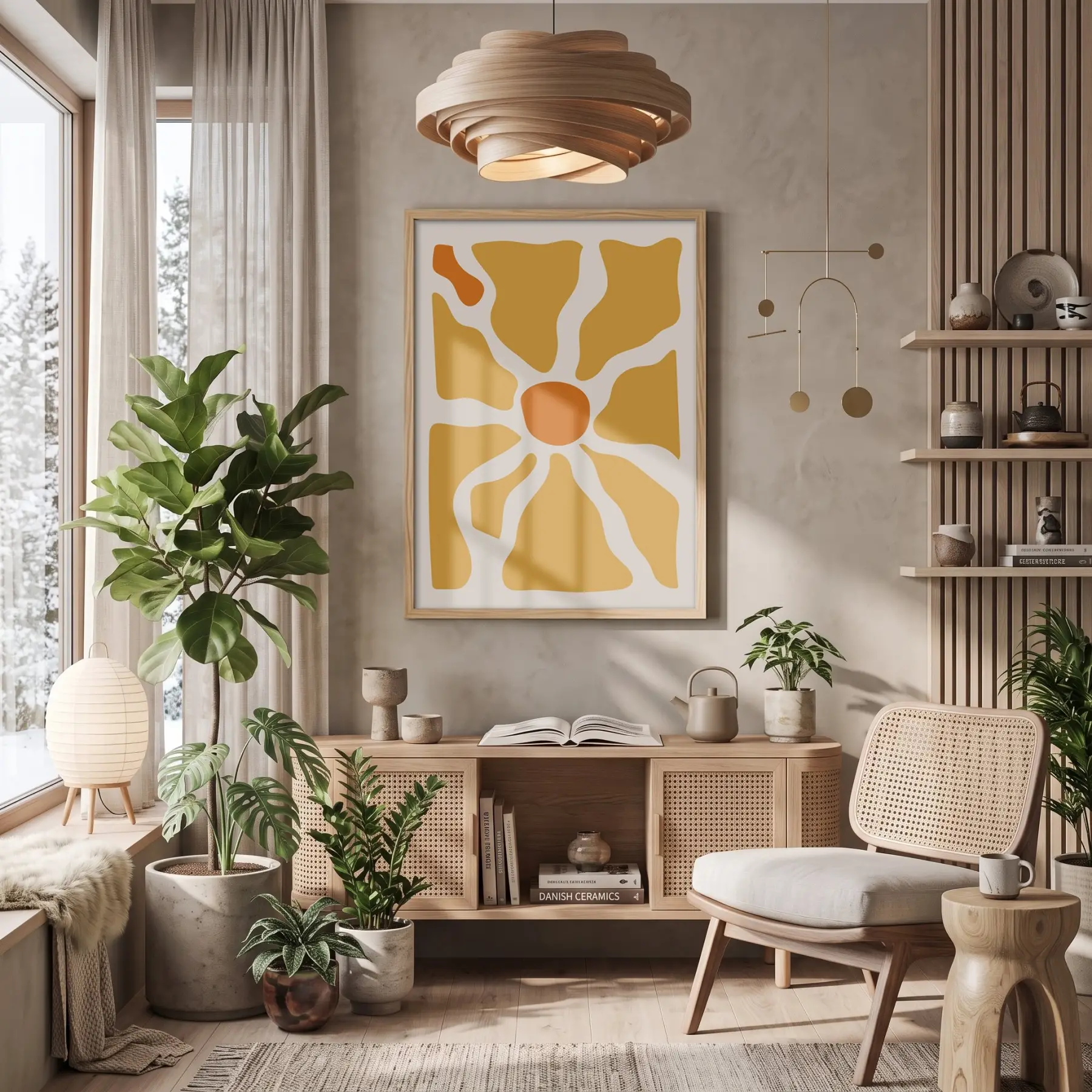 Organik Turuncu Desen Doğal Ahşap Çerçeveli Tablo Dekorasyonu Poster Obje Ev Aksesuarları Modern