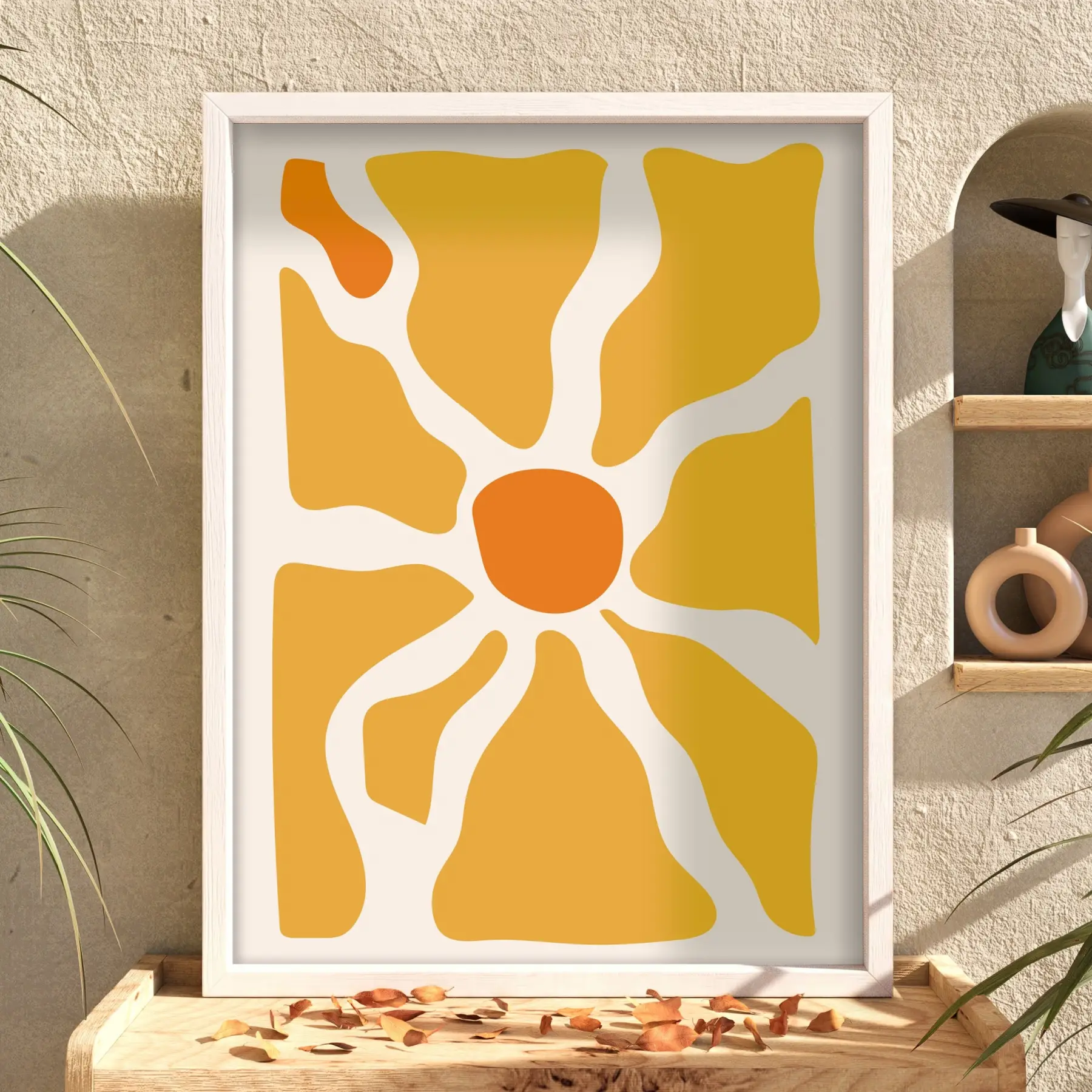 Organik Turuncu Desen Beyaz Ahşap Çerçeveli Tablo Poster Dekoratif Obje Ev Aksesuarları Modern