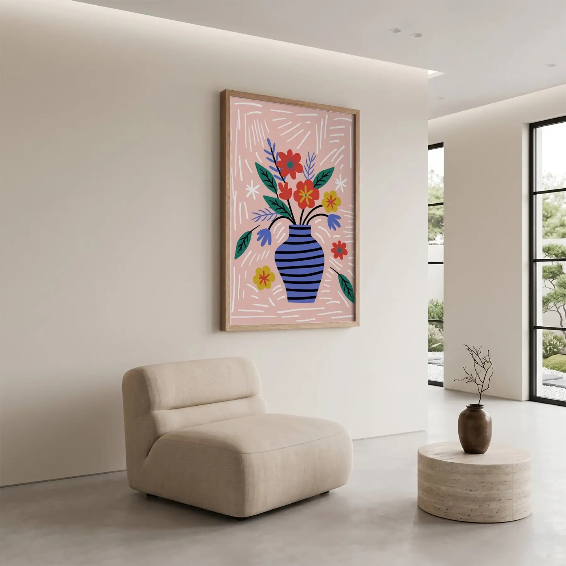 Renkli Vazo Çiçekleri Doğal Ahşap Çerçeveli Tablo Bohem Oturma Odası Duvar Dekoru Poster