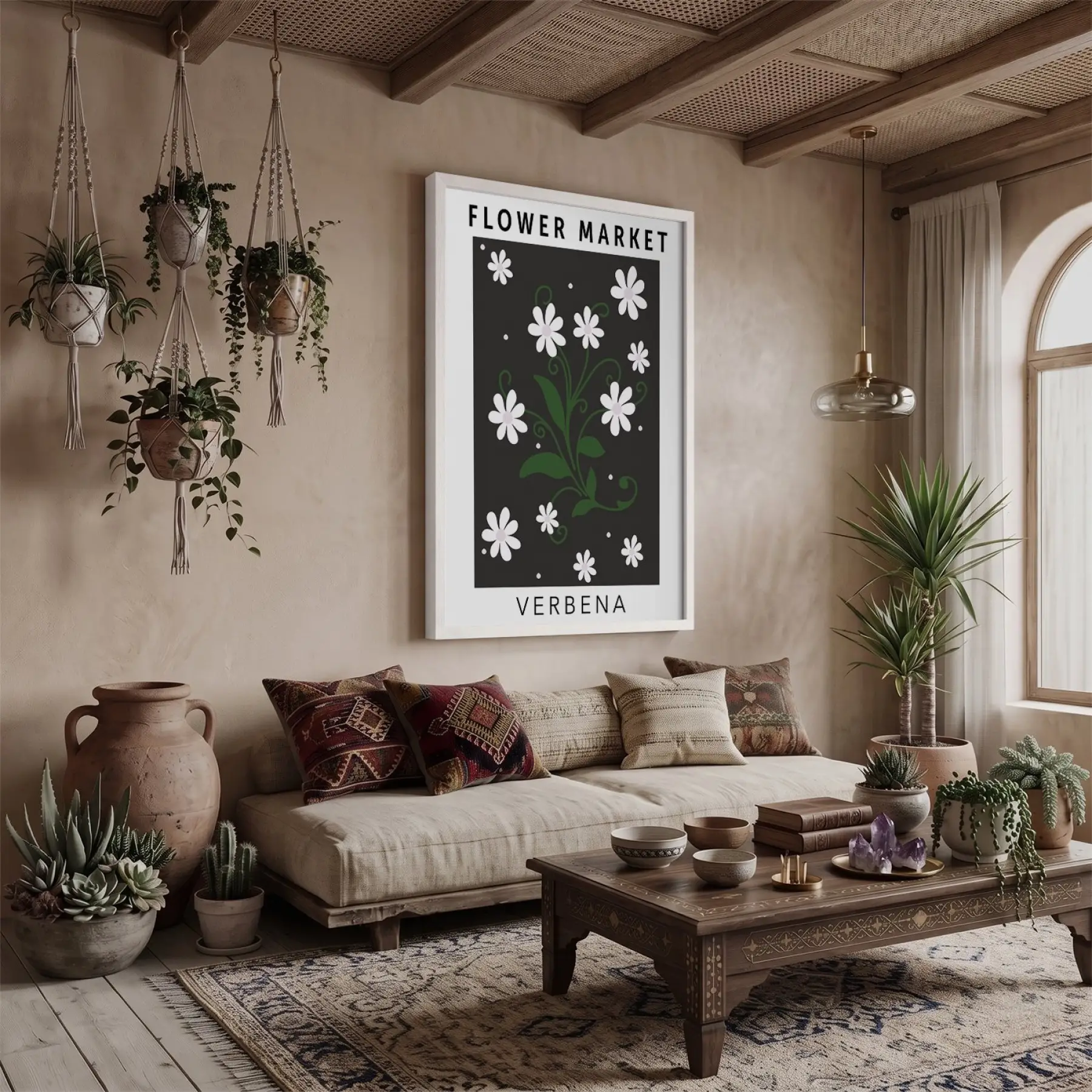 Papatya Botanik Poster Beyaz Ahşap Çerçeveli Tablo Bohem Mekan Yatak Koridor Ofis Kanvas