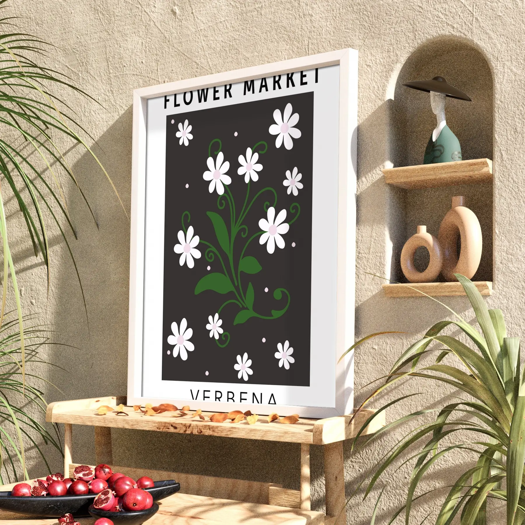 Papatya Botanik Poster Beyaz Ahşap Çerçeveli Tablo Bohem Mekan Yatak Koridor Ofis Kanvas