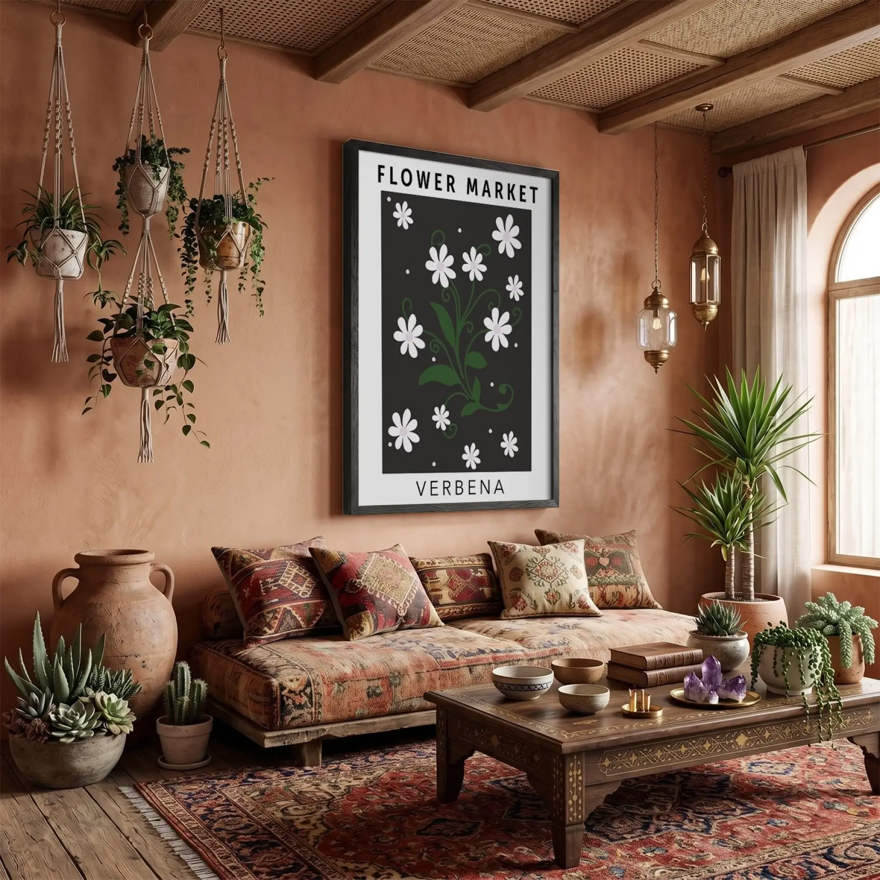 Papatya Botanik Poster Siyah Ahşap Çerçeveli Tablo Bohem Dekorasyonu Obje Ev Aksesuarları Modern