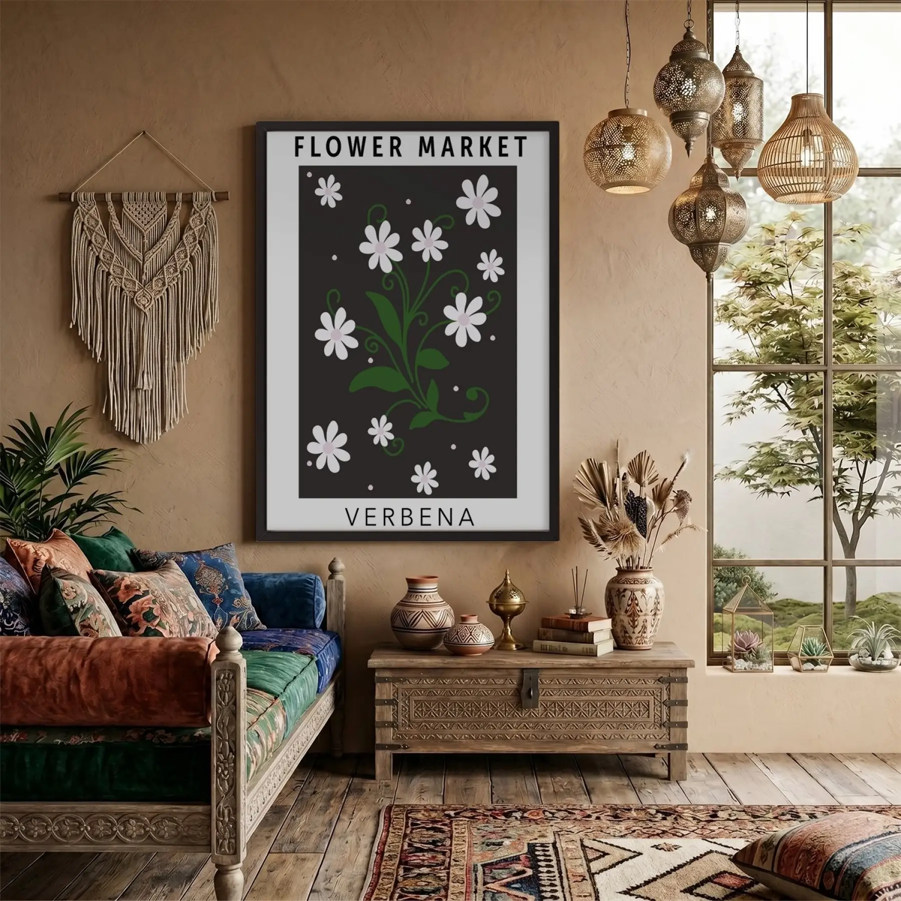 Papatya Botanik Poster Siyah Ahşap Çerçeveli Tablo Bohem Dekorasyonu Obje Ev Aksesuarları Modern
