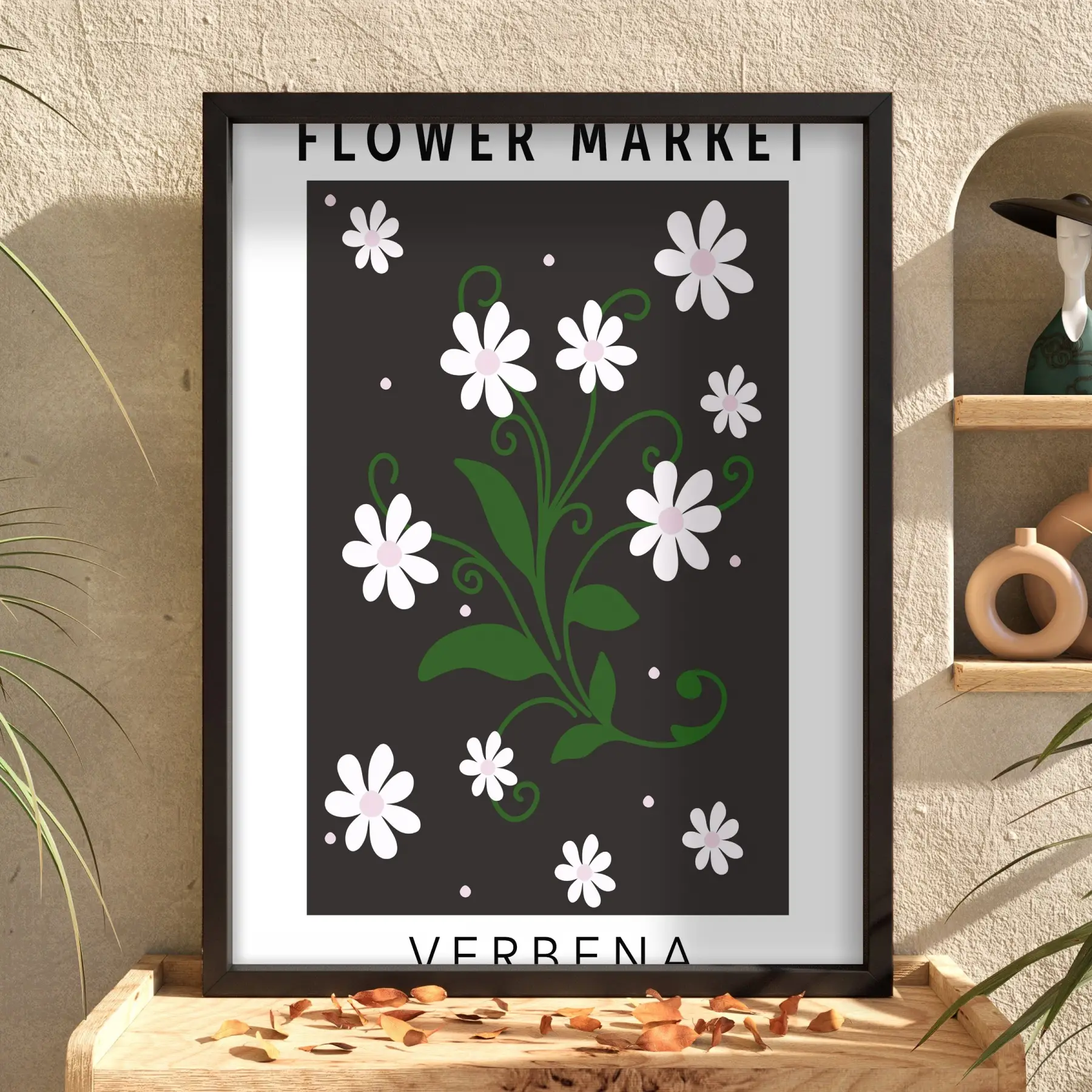 Papatya Botanik Poster Siyah Ahşap Çerçeveli Tablo Bohem Dekorasyonu Obje Ev Aksesuarları Modern
