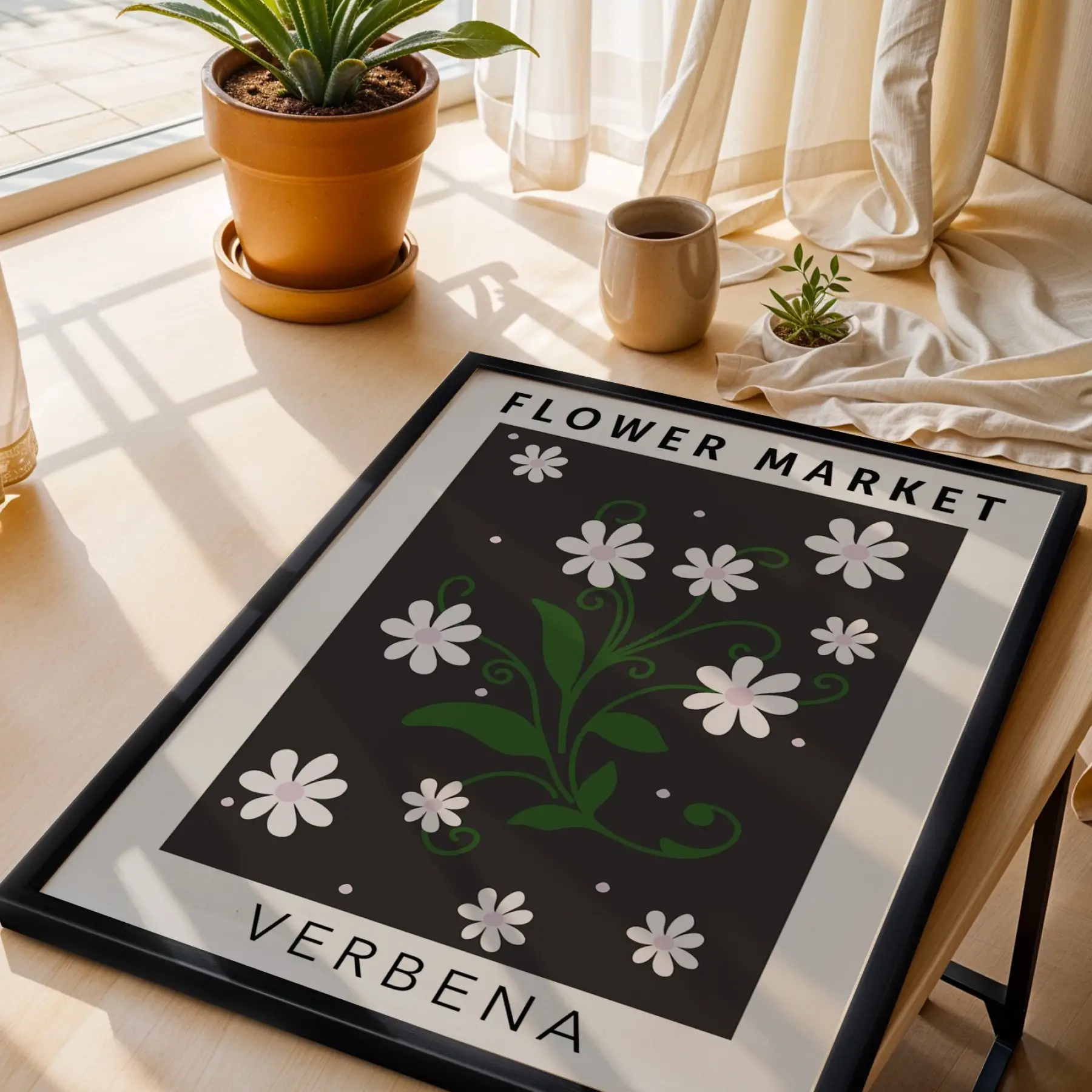 Papatya Botanik Poster Siyah Ahşap Çerçeveli Tablo Bohem Dekorasyonu Obje Ev Aksesuarları Modern