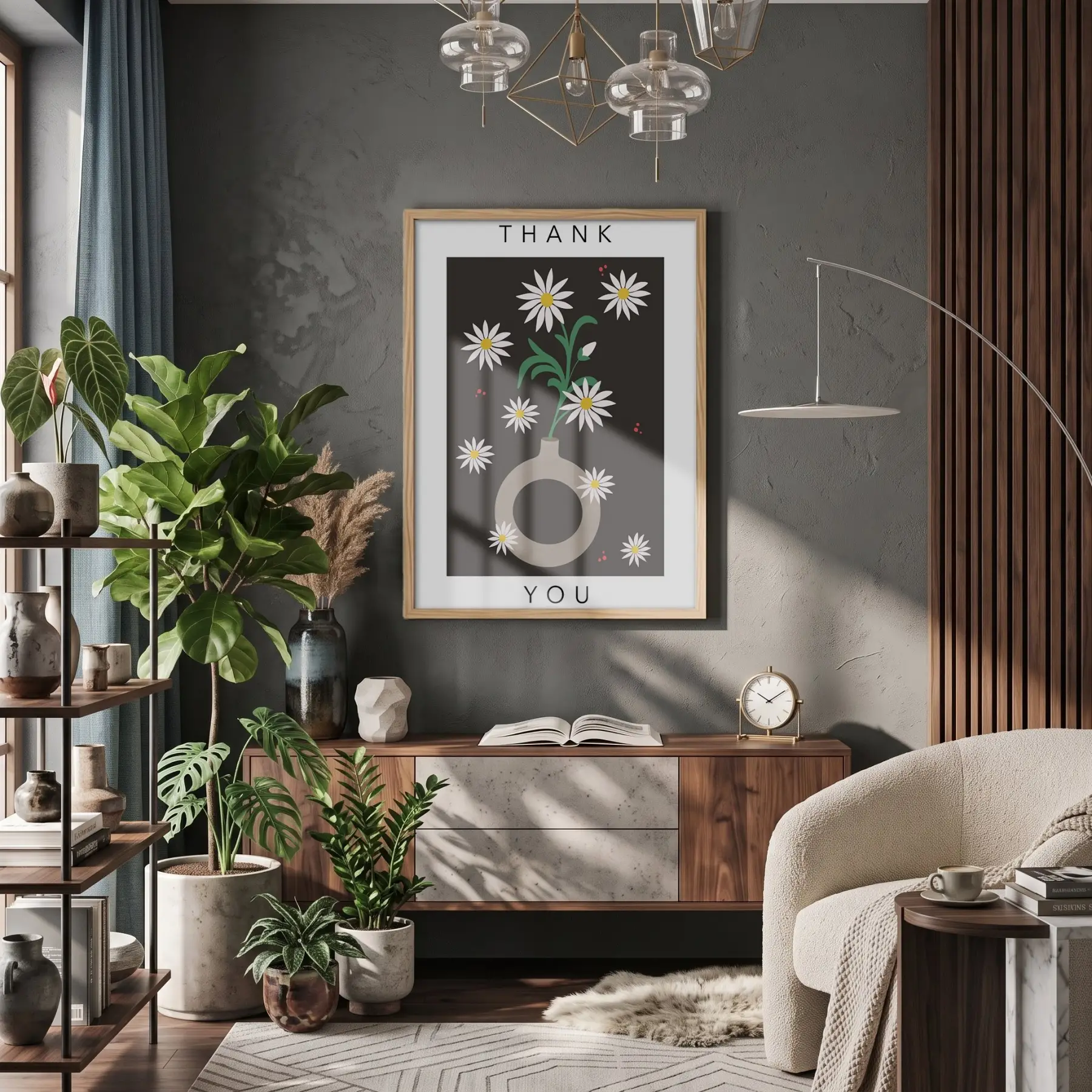 Minimalist Papatya Vazosu Doğal Ahşap Çerçeveli Tablo Ofis Kanvas Görünümlü Salon Oturma Odası