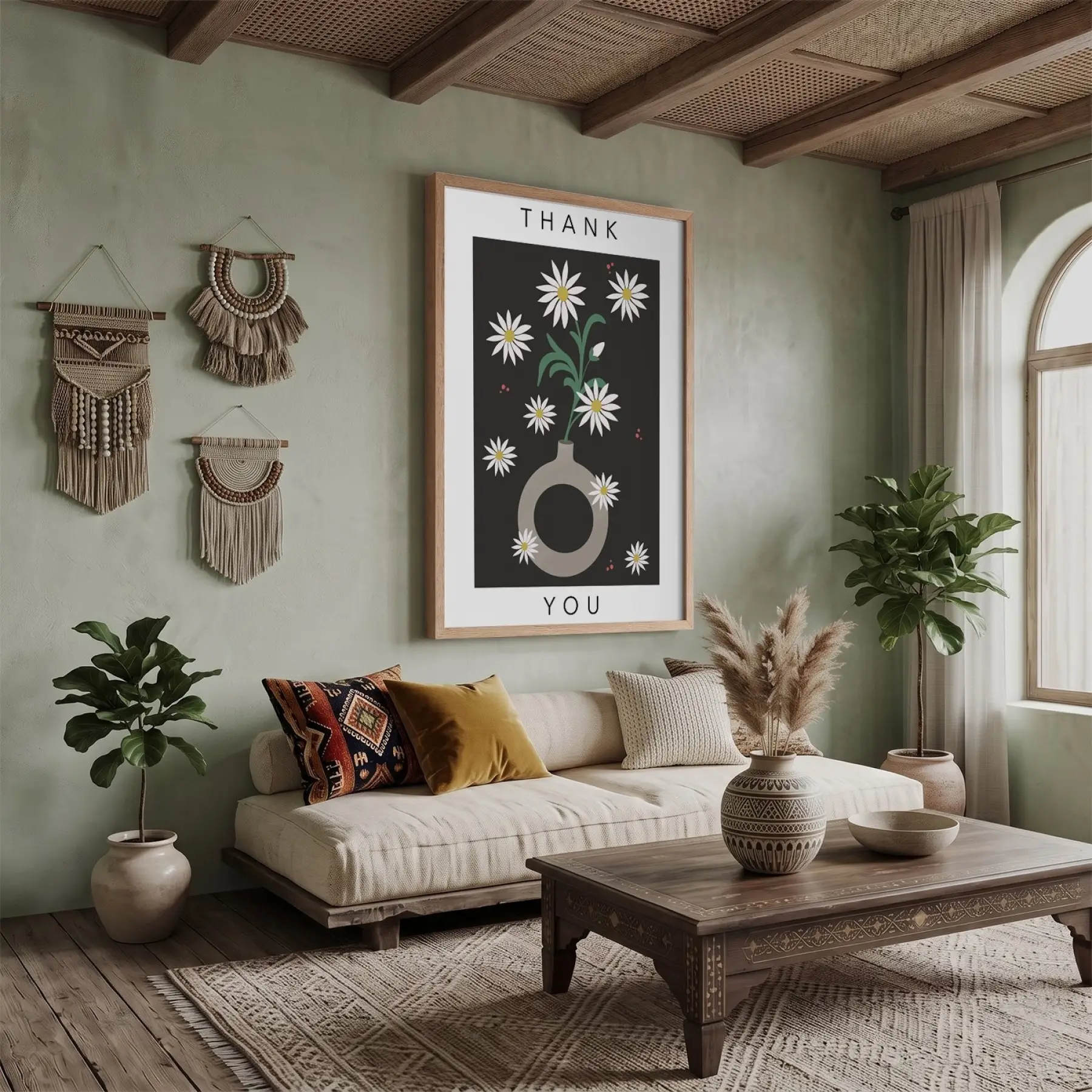 Minimalist Papatya Vazosu Doğal Ahşap Çerçeveli Tablo Ofis Kanvas Görünümlü Salon Oturma Odası