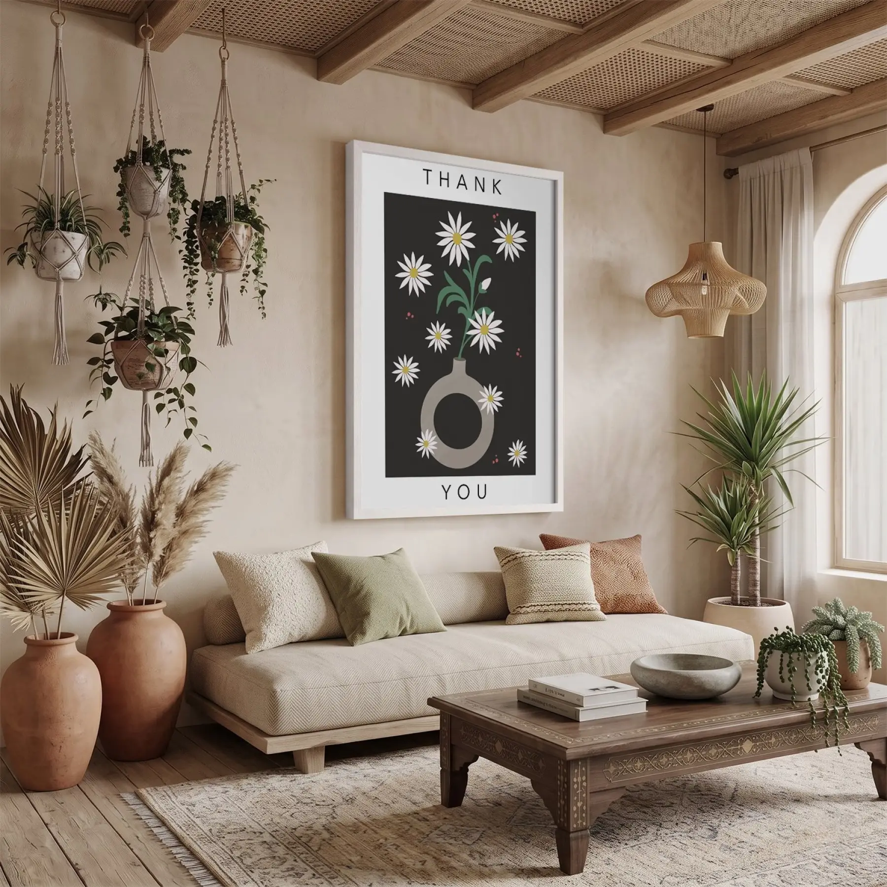 Minimalist Papatya Vazosu Beyaz Ahşap Çerçeveli Tablo Koridor Ofis Kanvas Görünümlü Salon Oturma
