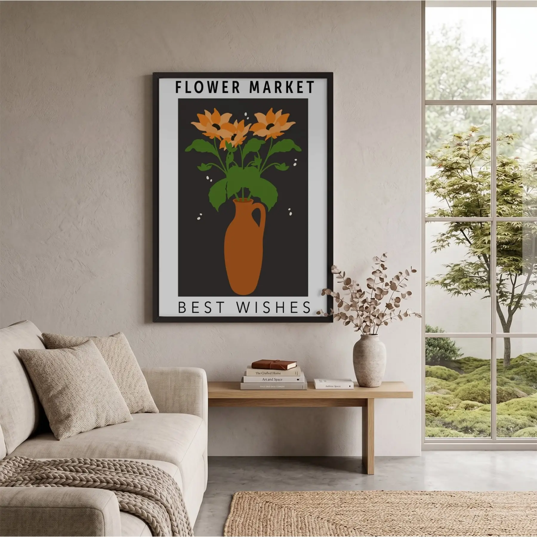 Turuncu Vazolu Çiçekler Siyah Ahşap Çerçeveli Tablo Bohem Oturma Odası Duvar Dekoru Poster