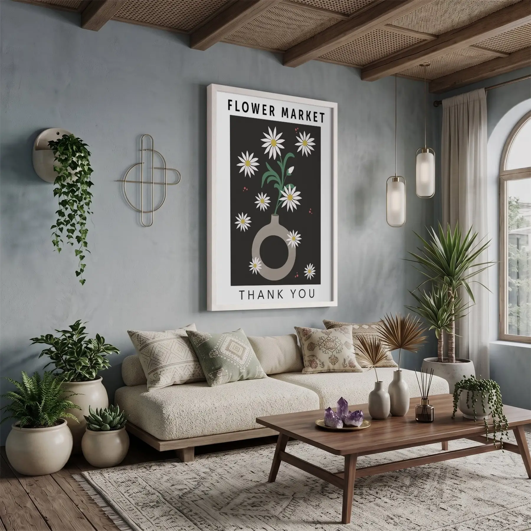 Çiçek Pazarı Papatya Afişi Beyaz Ahşap Çerçeveli Tablo Bohem Poster Dekoratif Obje Ev