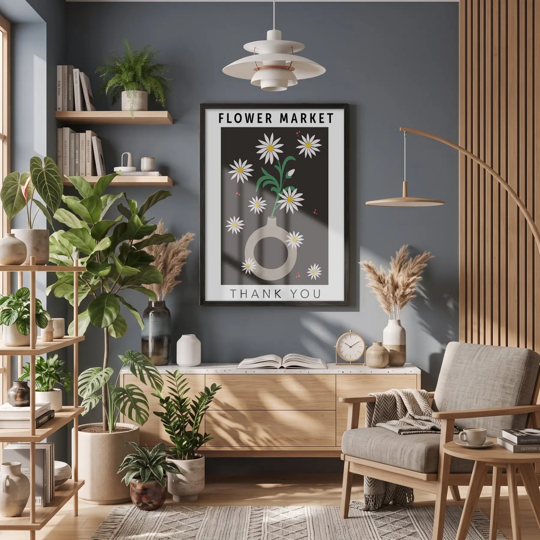 Çiçek Pazarı Papatya Afişi Siyah Ahşap Çerçeveli Tablo Bohem Dekorasyonu Poster Obje Ev