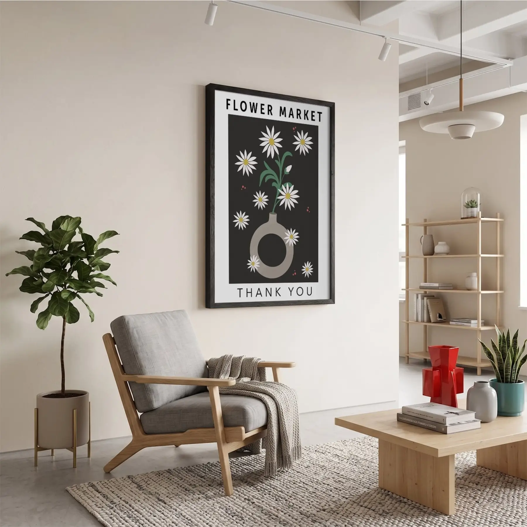 Çiçek Pazarı Papatya Afişi Siyah Ahşap Çerçeveli Tablo Bohem Dekorasyonu Poster Obje Ev