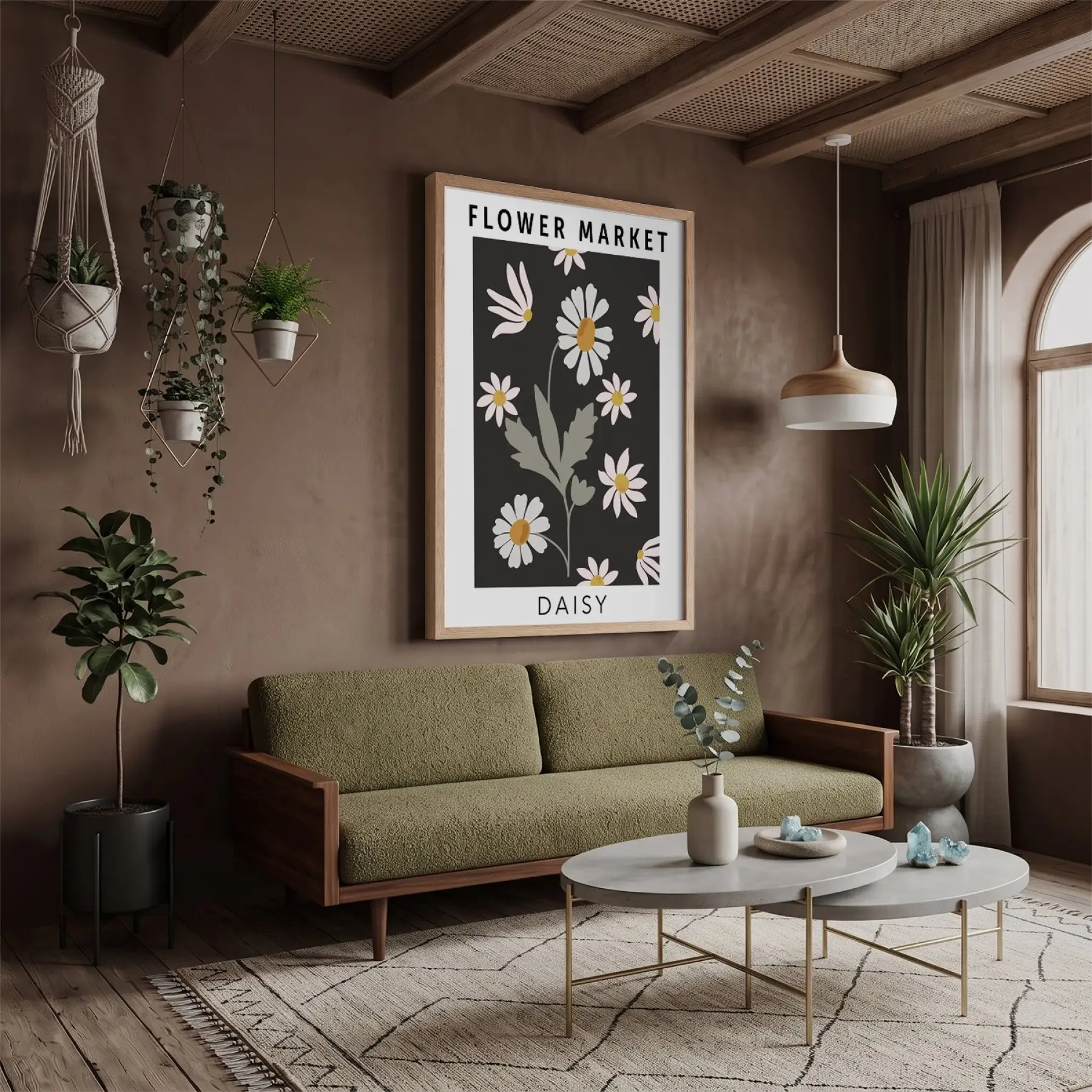 Minimalist Siyah Papatya Market Doğal Ahşap Çerçeveli Tablo Görünümlü Salon Oturma Odası Duvar