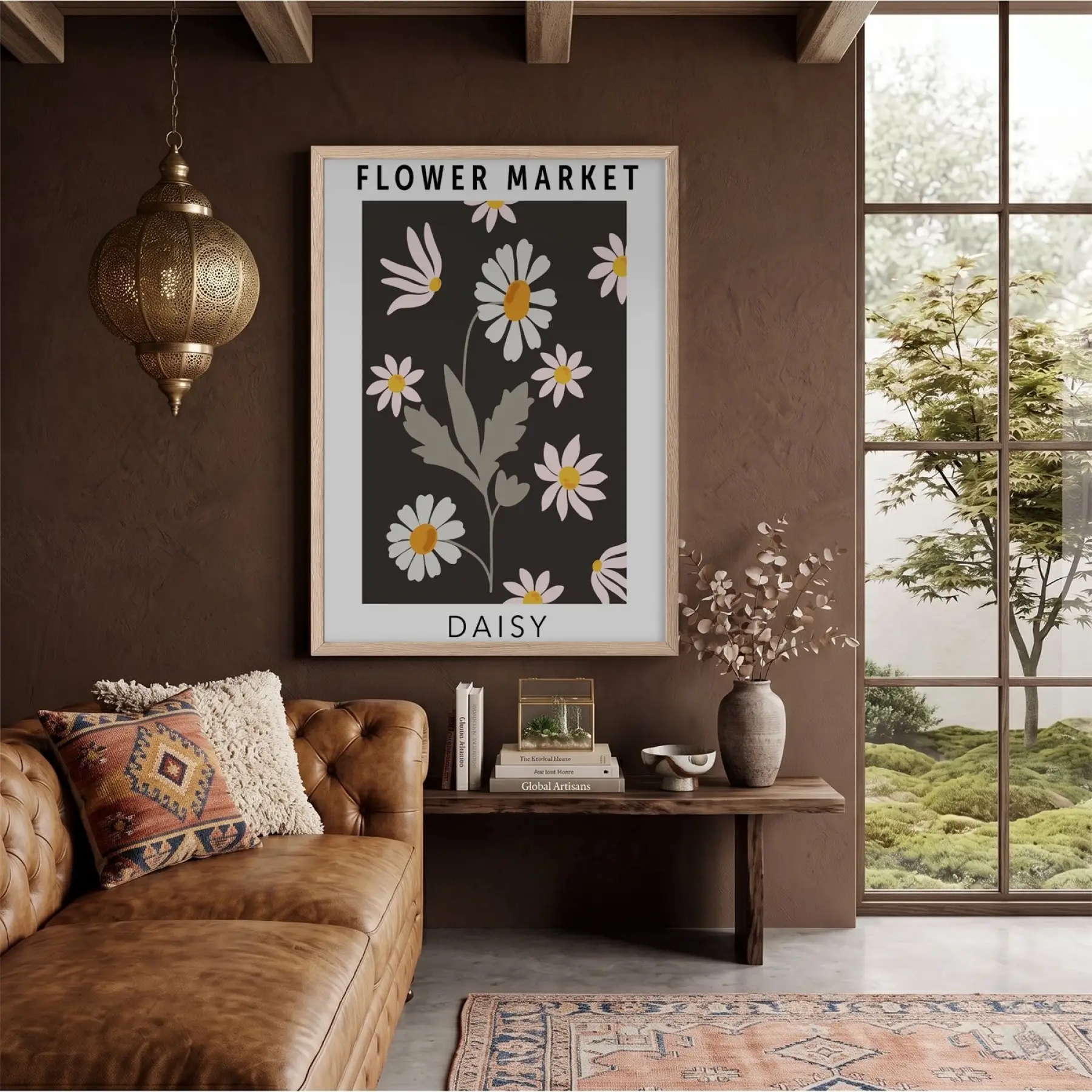 Minimalist Siyah Papatya Market Doğal Ahşap Çerçeveli Tablo Görünümlü Salon Oturma Odası Duvar