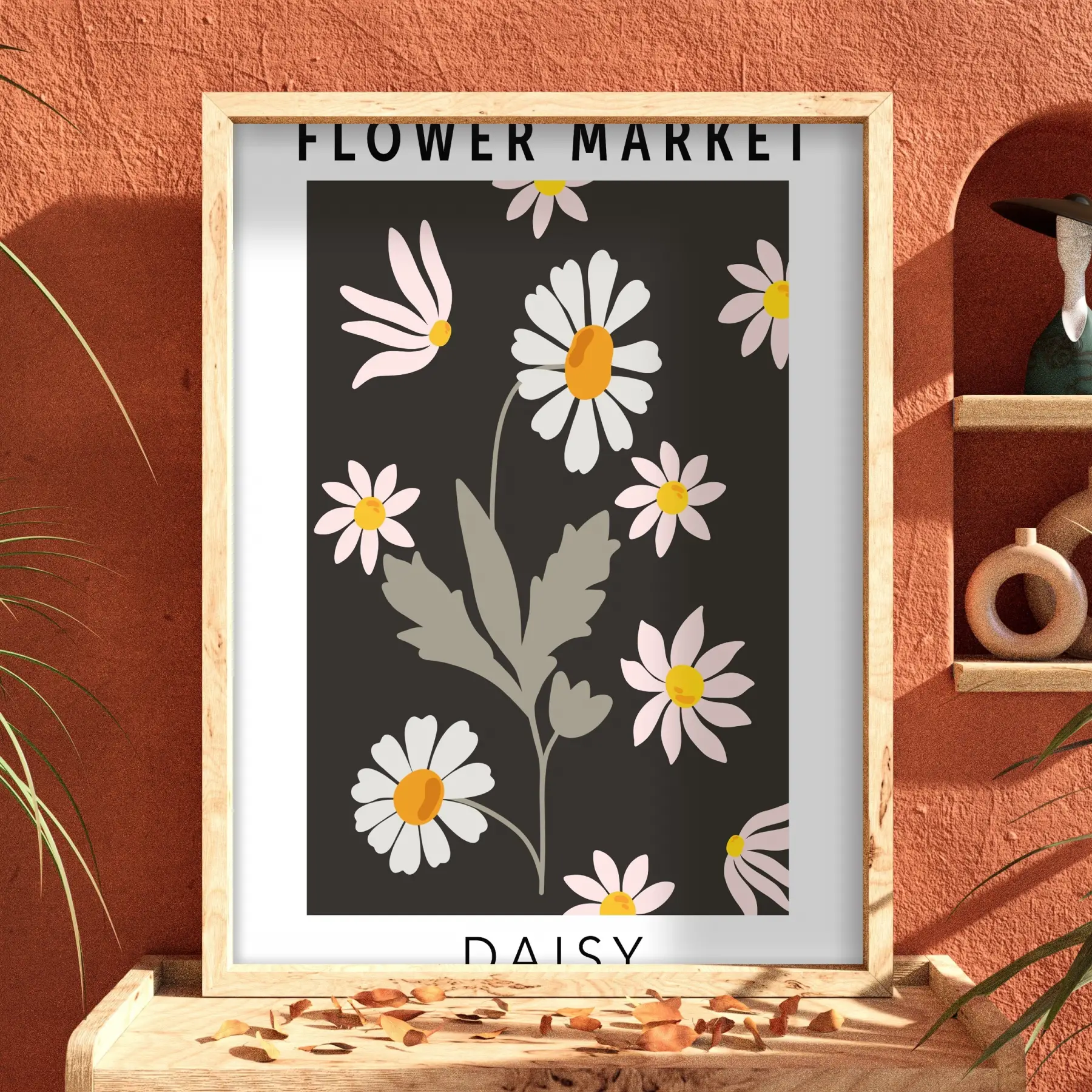 Minimalist Siyah Papatya Market Doğal Ahşap Çerçeveli Tablo Görünümlü Salon Oturma Odası Duvar