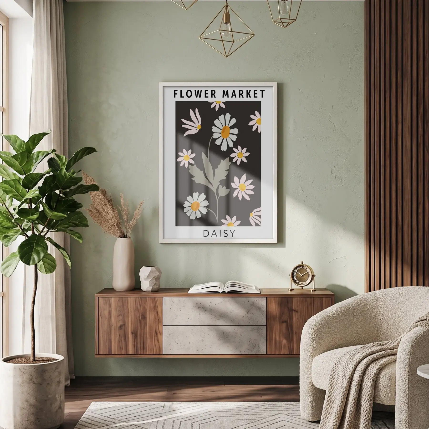Minimalist Siyah Papatya Market Beyaz Ahşap Çerçeveli Tablo Ofis Kanvas Görünümlü Salon Oturma
