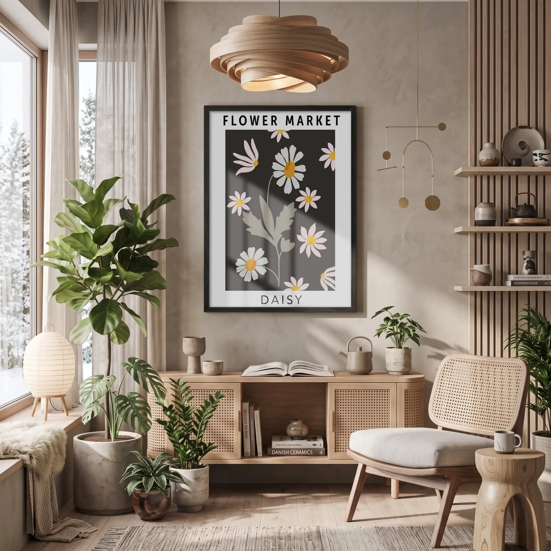 Minimalist Siyah Papatya Market Ahşap Çerçeveli Tablo Dekoru Poster Obje Ev Aksesuarları Modern