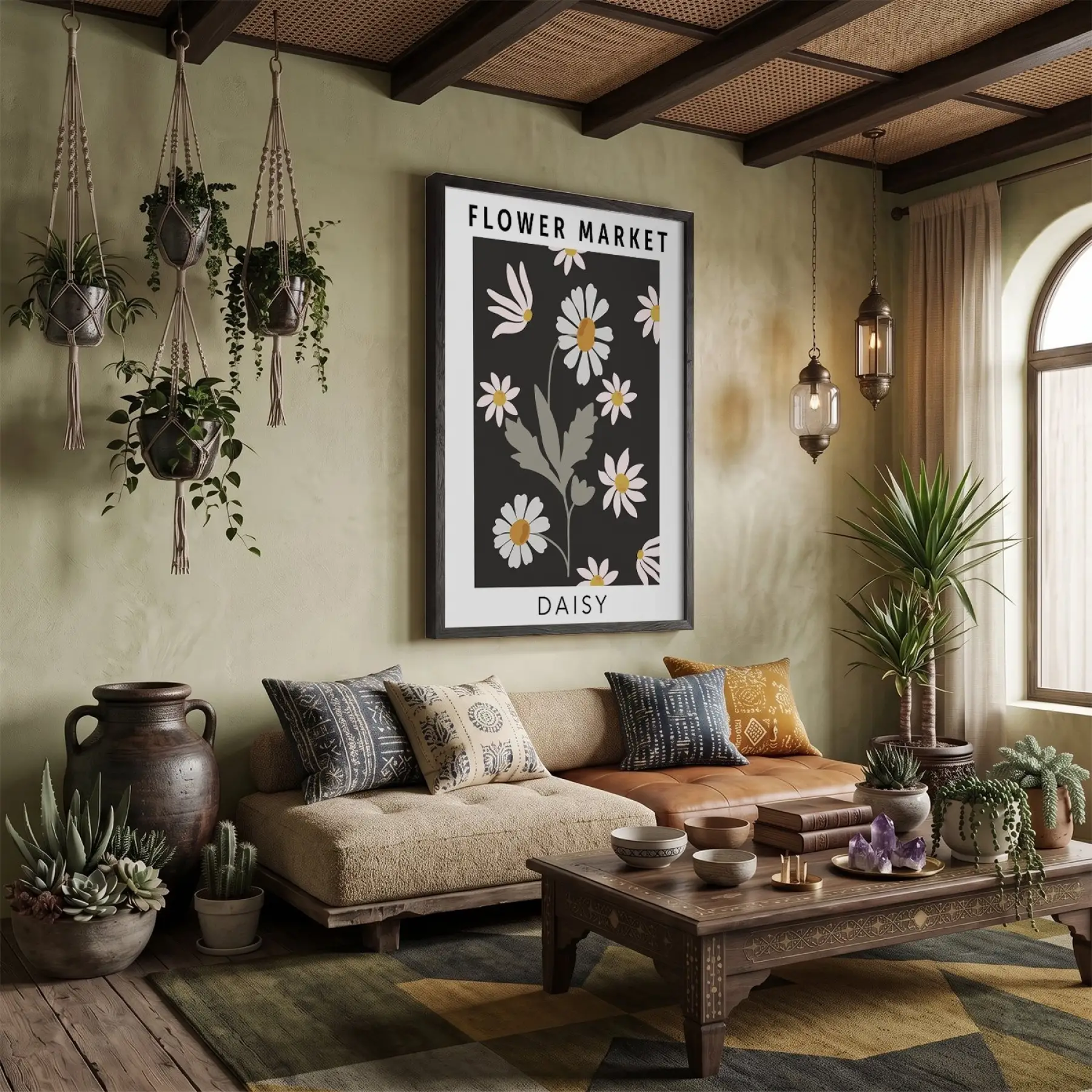 Minimalist Siyah Papatya Market Ahşap Çerçeveli Tablo Dekoru Poster Obje Ev Aksesuarları Modern