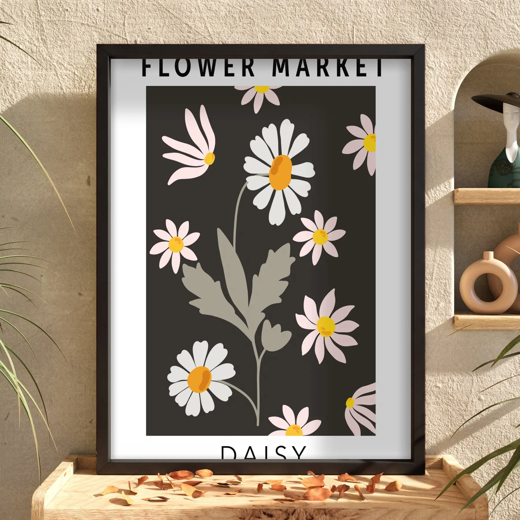 Minimalist Siyah Papatya Market Ahşap Çerçeveli Tablo Dekoru Poster Obje Ev Aksesuarları Modern