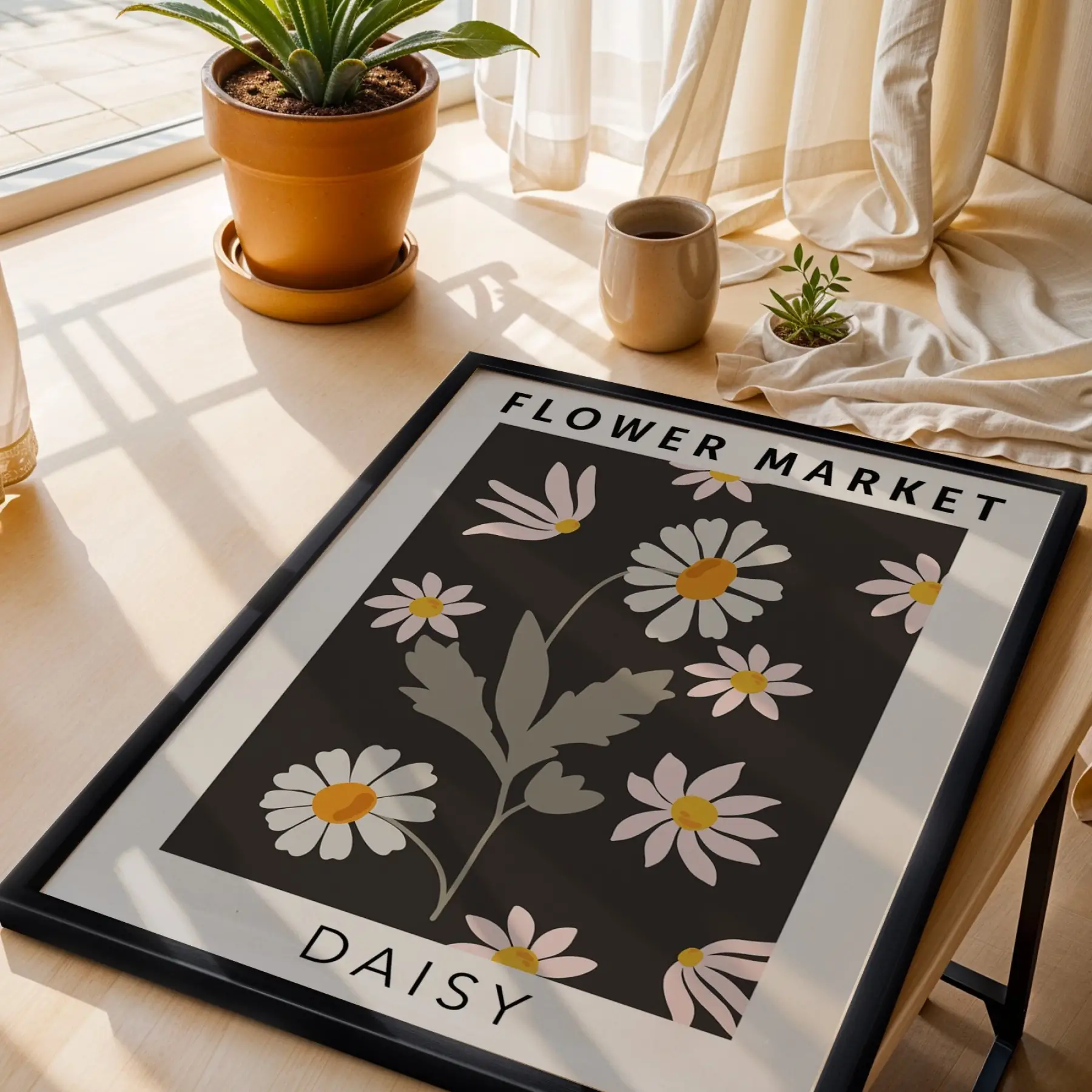 Minimalist Siyah Papatya Market Ahşap Çerçeveli Tablo Dekoru Poster Obje Ev Aksesuarları Modern
