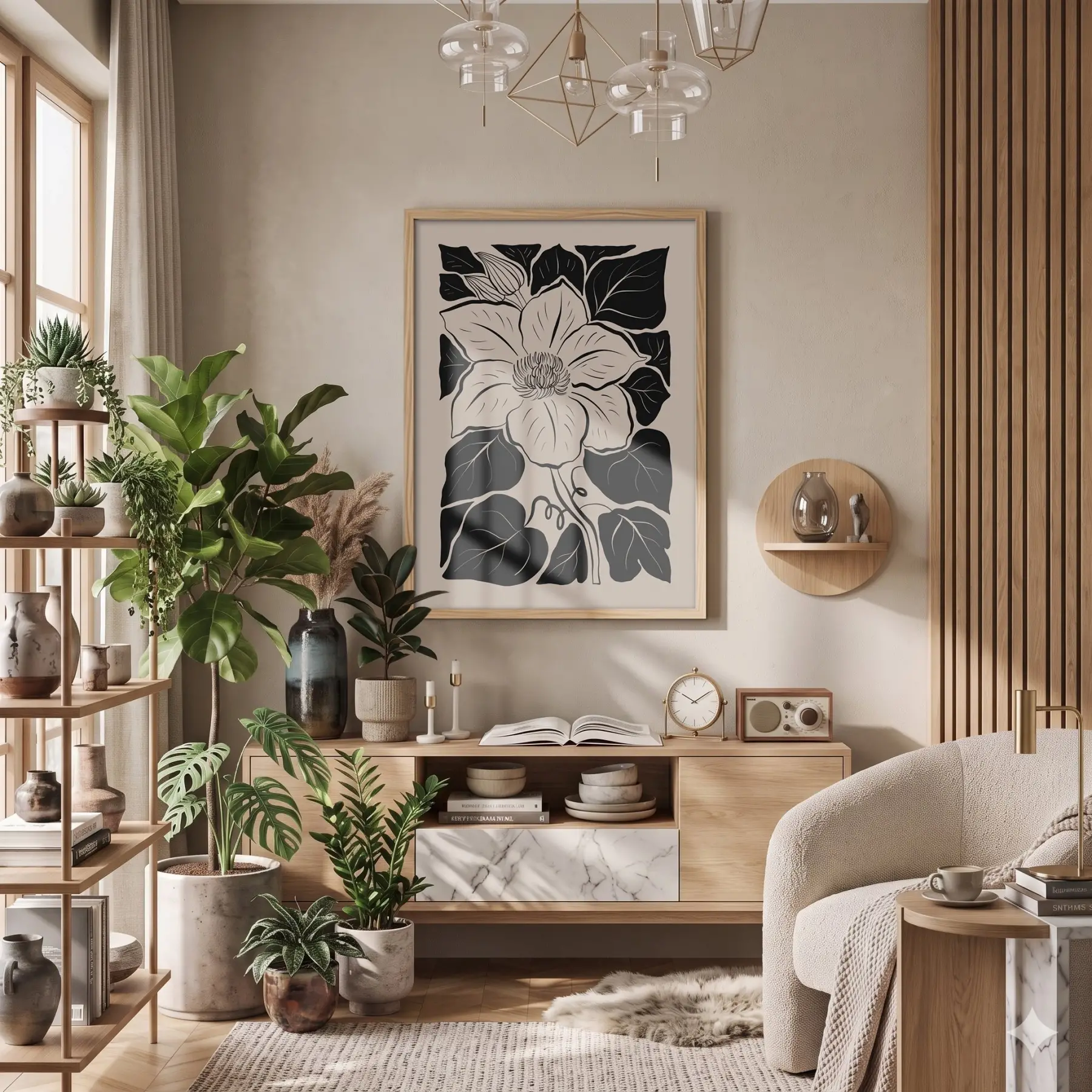Minimalist Siyah Çiçek Doğal Ahşap Çerçeveli Tablo Bohem Ev Aksesuarları Modern Sanat İç