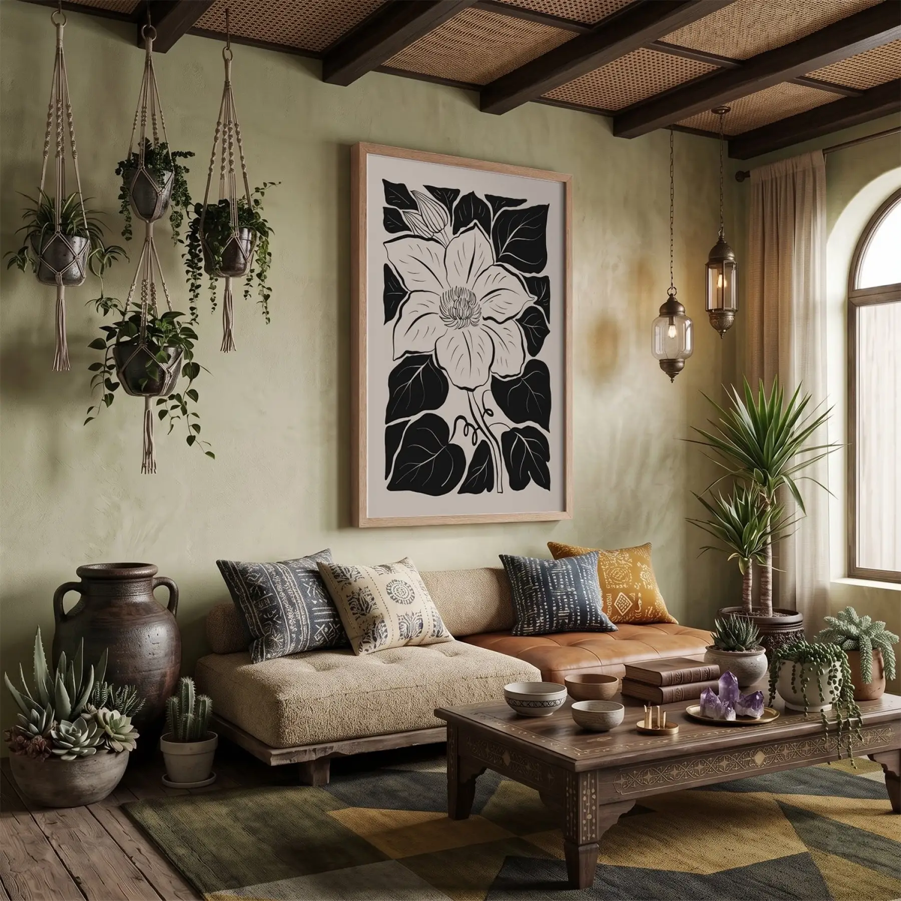 Minimalist Siyah Çiçek Doğal Ahşap Çerçeveli Tablo Bohem Ev Aksesuarları Modern Sanat İç