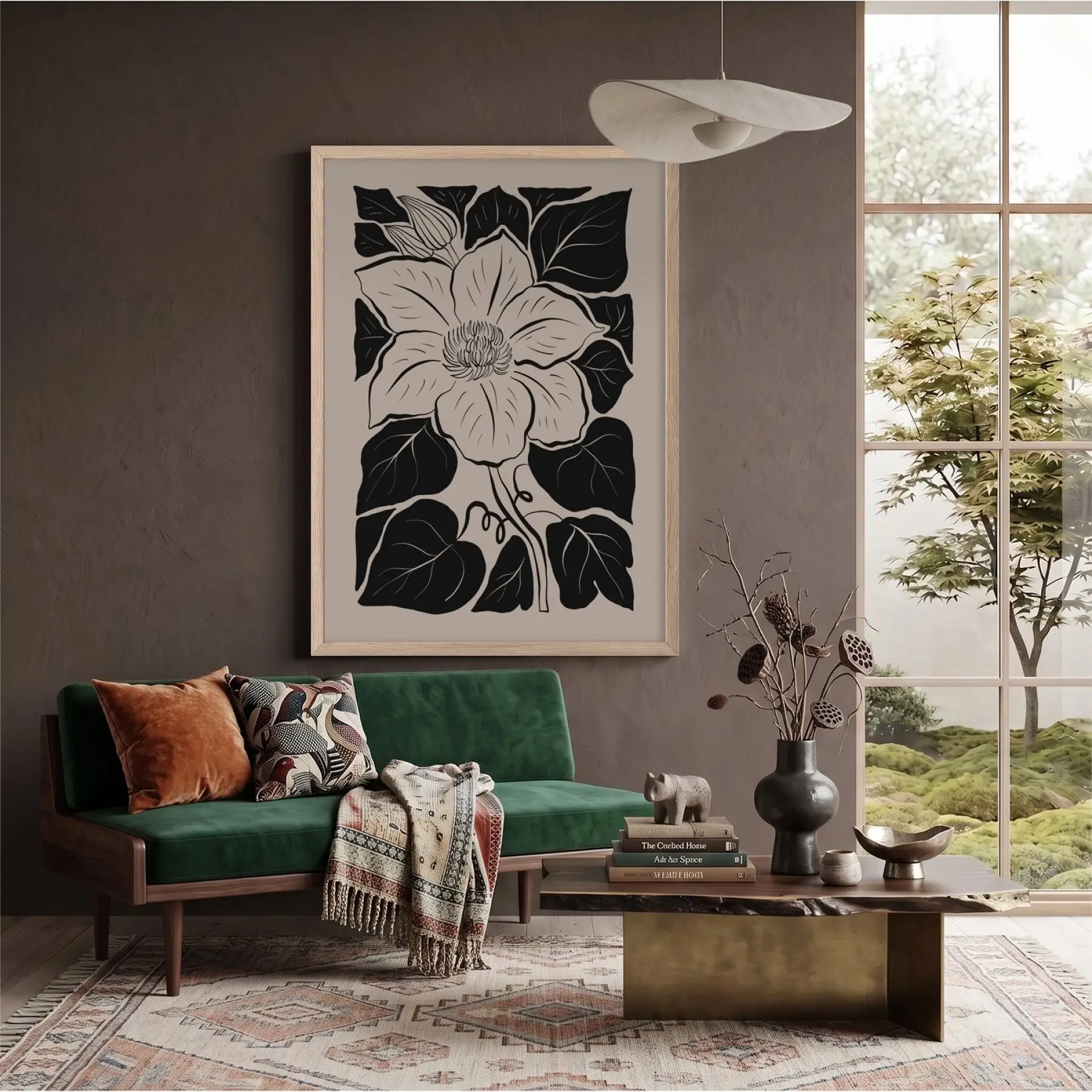 Minimalist Siyah Çiçek Doğal Ahşap Çerçeveli Tablo Bohem Ev Aksesuarları Modern Sanat İç