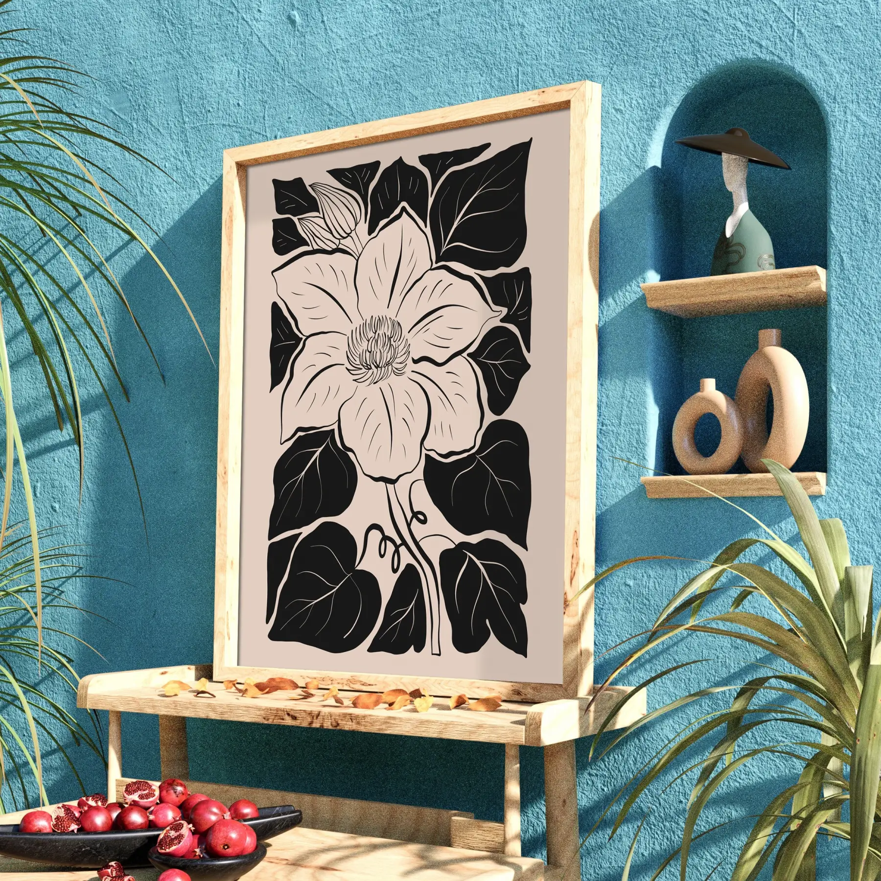 Minimalist Siyah Çiçek Doğal Ahşap Çerçeveli Tablo Bohem Ev Aksesuarları Modern Sanat İç