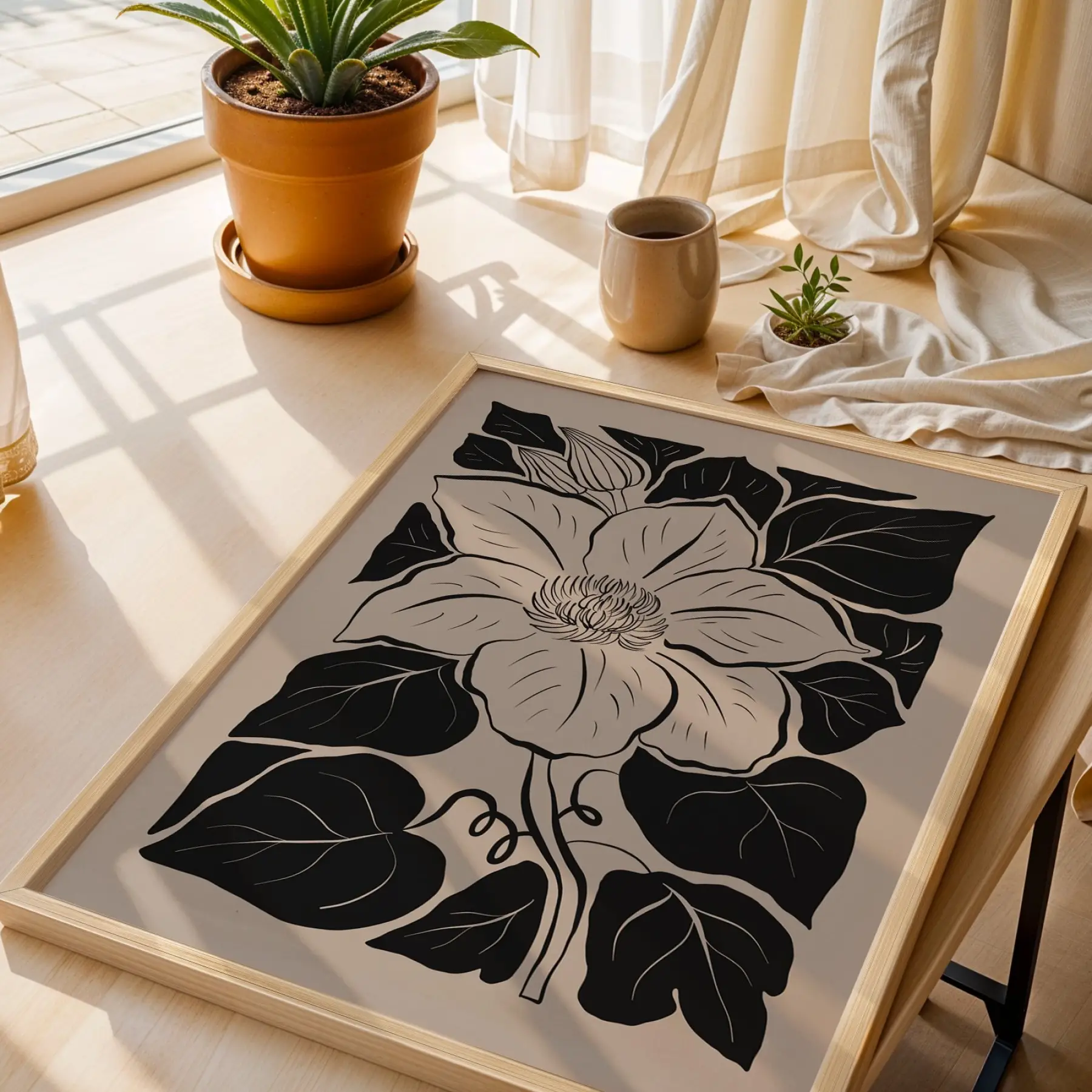 Minimalist Siyah Çiçek Doğal Ahşap Çerçeveli Tablo Bohem Ev Aksesuarları Modern Sanat İç