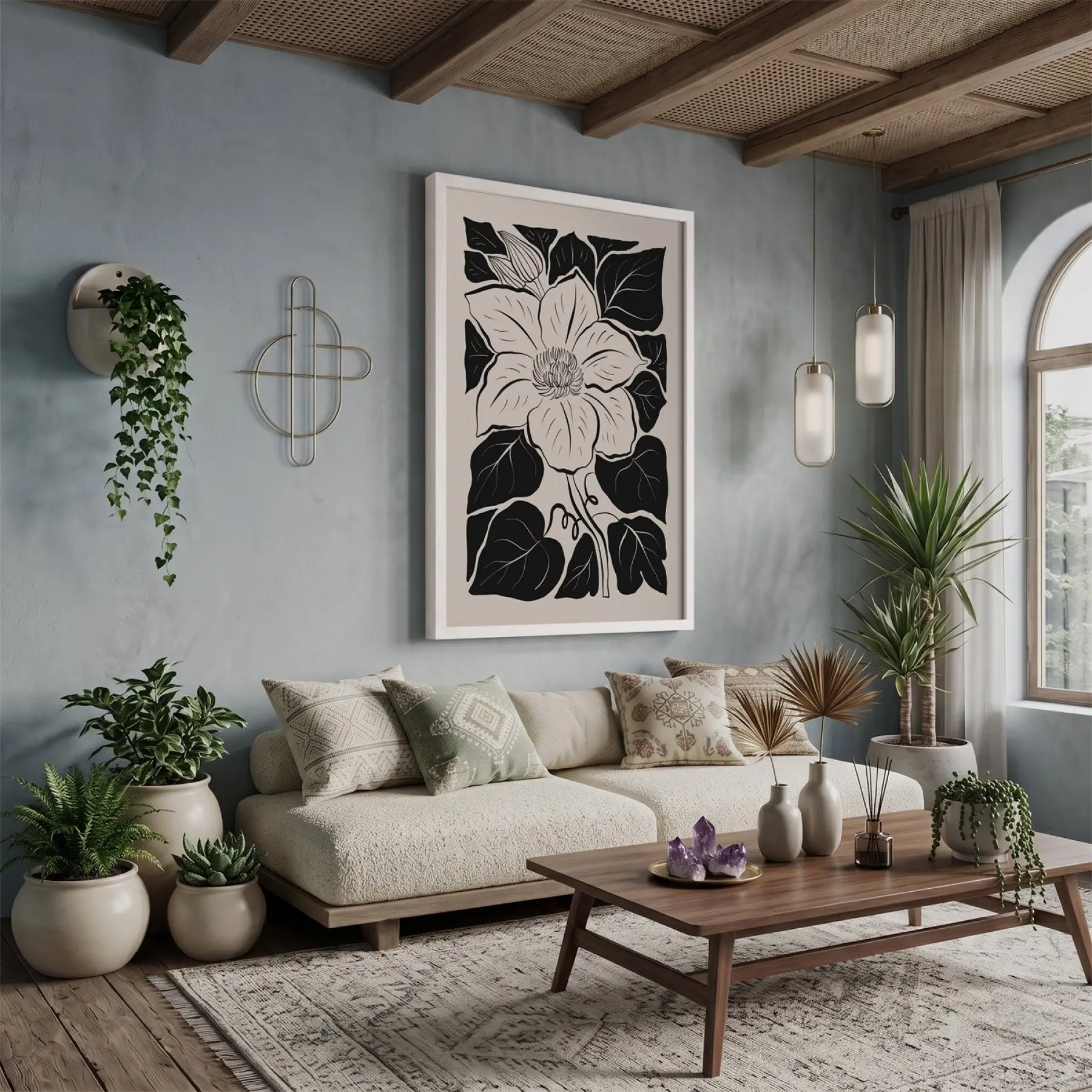 Minimalist Siyah Çiçek Beyaz Ahşap Çerçeveli Tablo Bohem Obje Ev Aksesuarları Modern Sanat