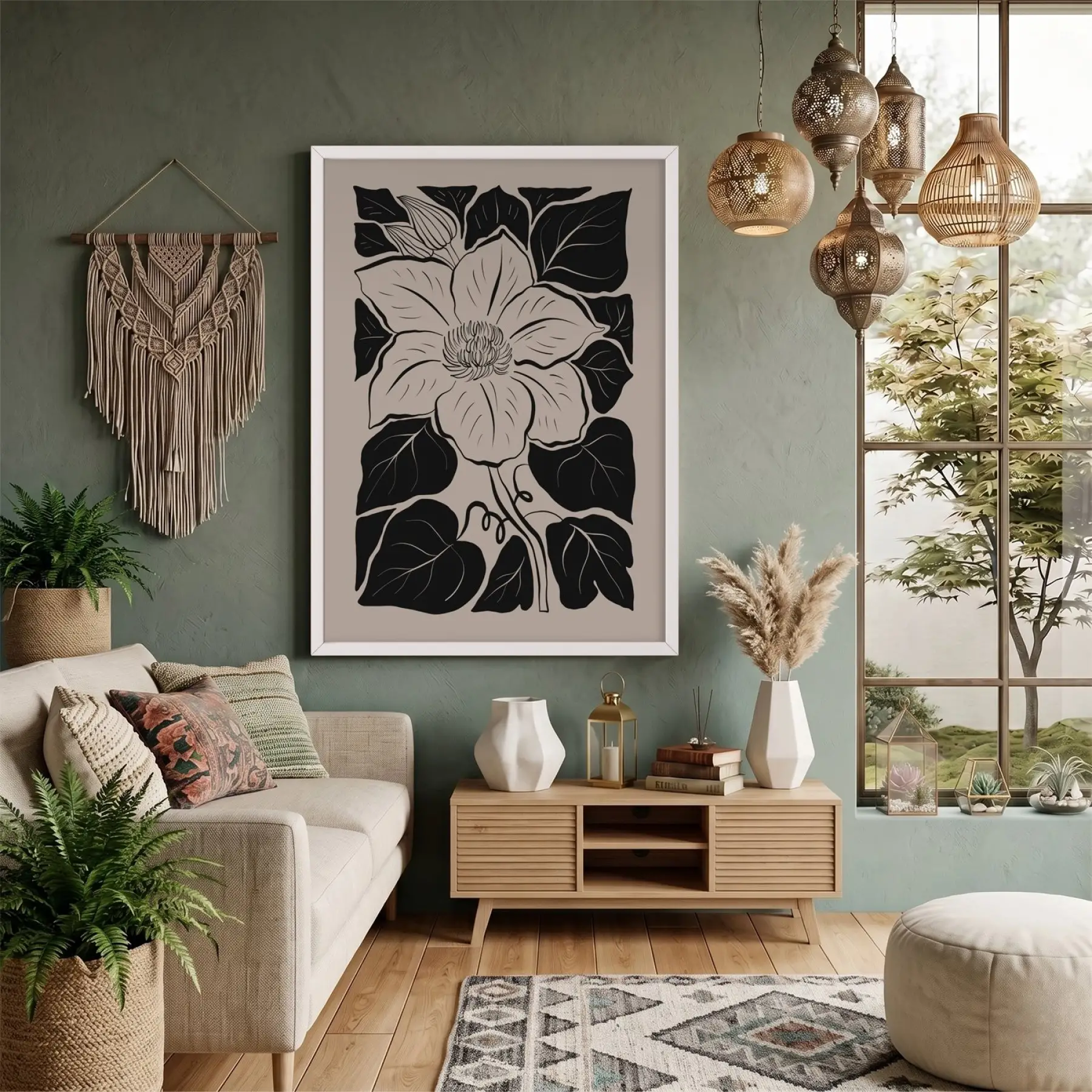 Minimalist Siyah Çiçek Beyaz Ahşap Çerçeveli Tablo Bohem Obje Ev Aksesuarları Modern Sanat