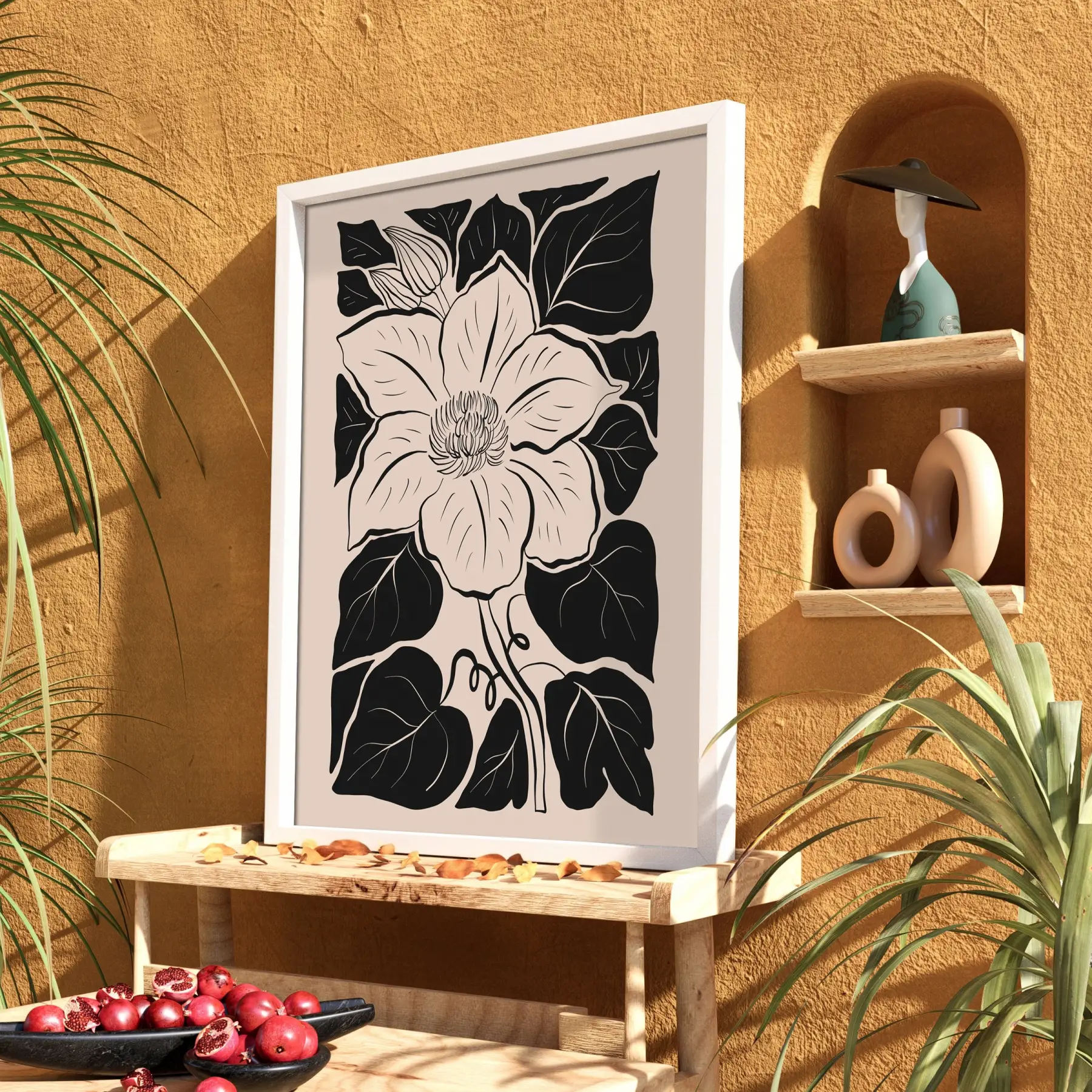 Minimalist Siyah Çiçek Beyaz Ahşap Çerçeveli Tablo Bohem Obje Ev Aksesuarları Modern Sanat