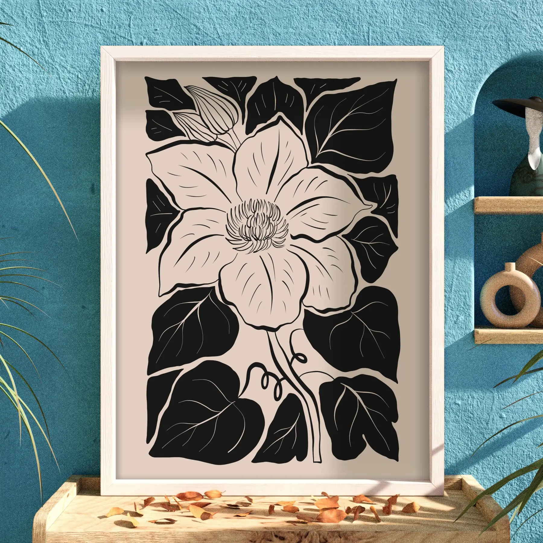 Minimalist Siyah Çiçek Beyaz Ahşap Çerçeveli Tablo Bohem Obje Ev Aksesuarları Modern Sanat