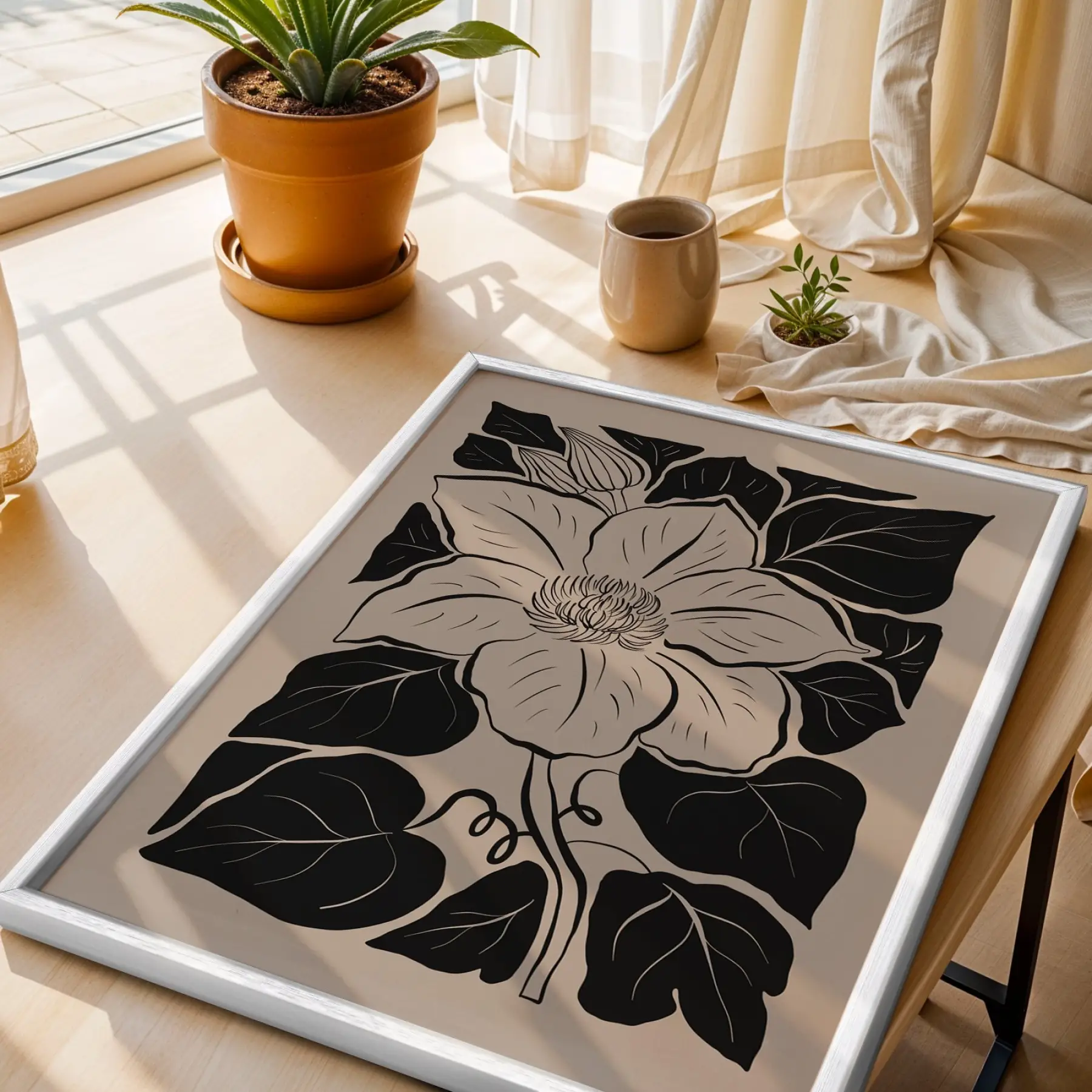 Minimalist Siyah Çiçek Beyaz Ahşap Çerçeveli Tablo Bohem Obje Ev Aksesuarları Modern Sanat