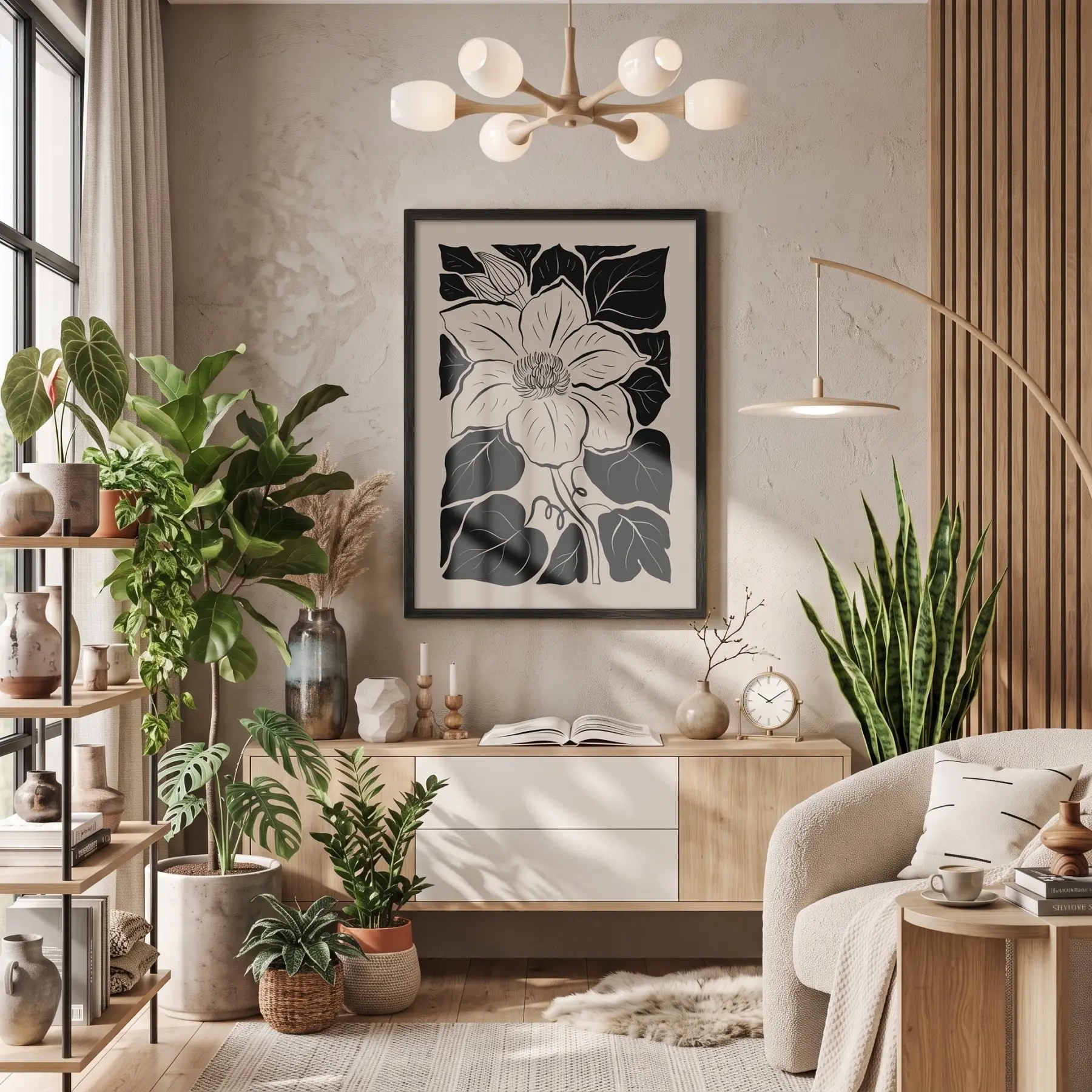 Minimalist Siyah Çiçek Ahşap Çerçeveli Tablo Bohem Koridor Ofis Kanvas Görünümlü Salon Oturma