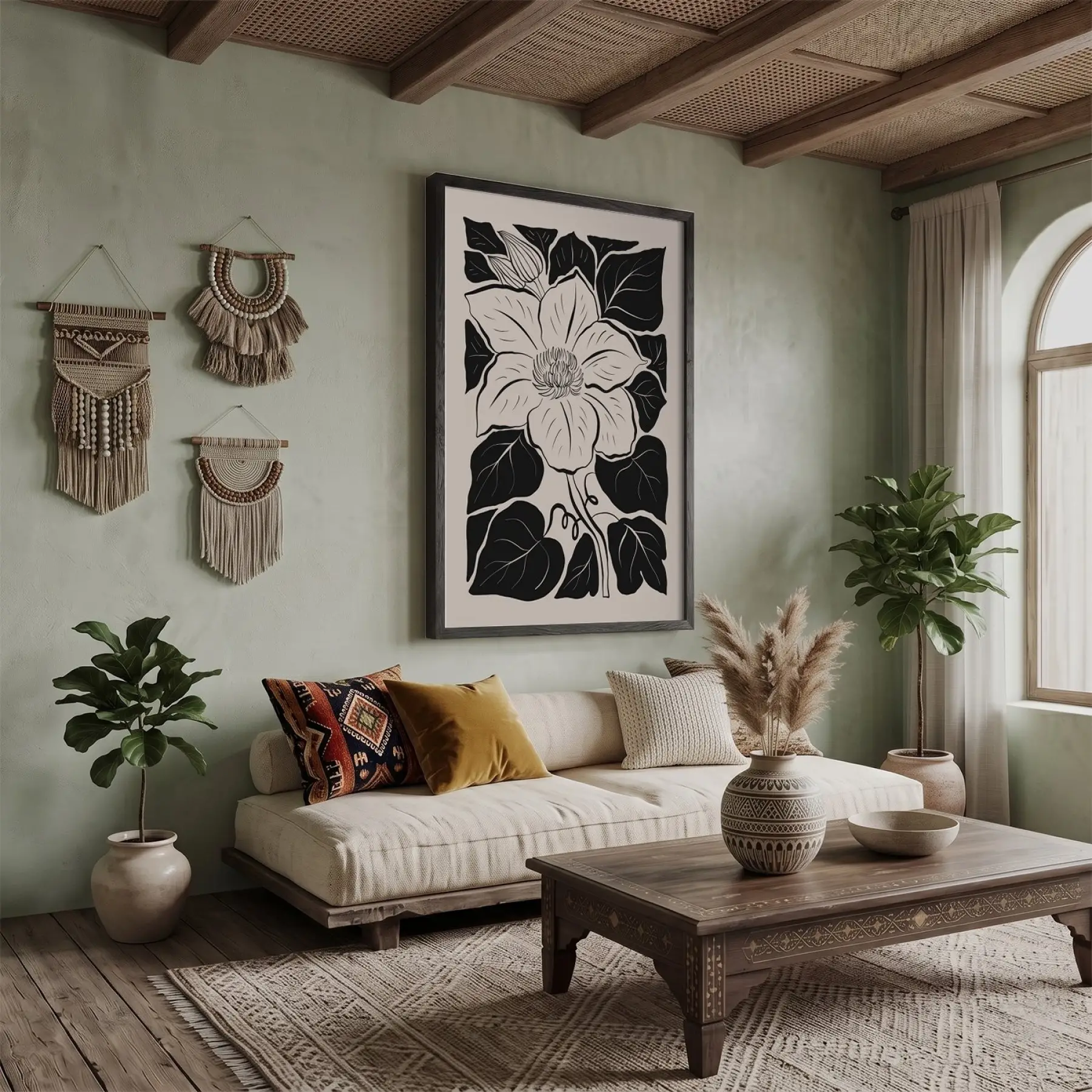 Minimalist Siyah Çiçek Ahşap Çerçeveli Tablo Bohem Koridor Ofis Kanvas Görünümlü Salon Oturma