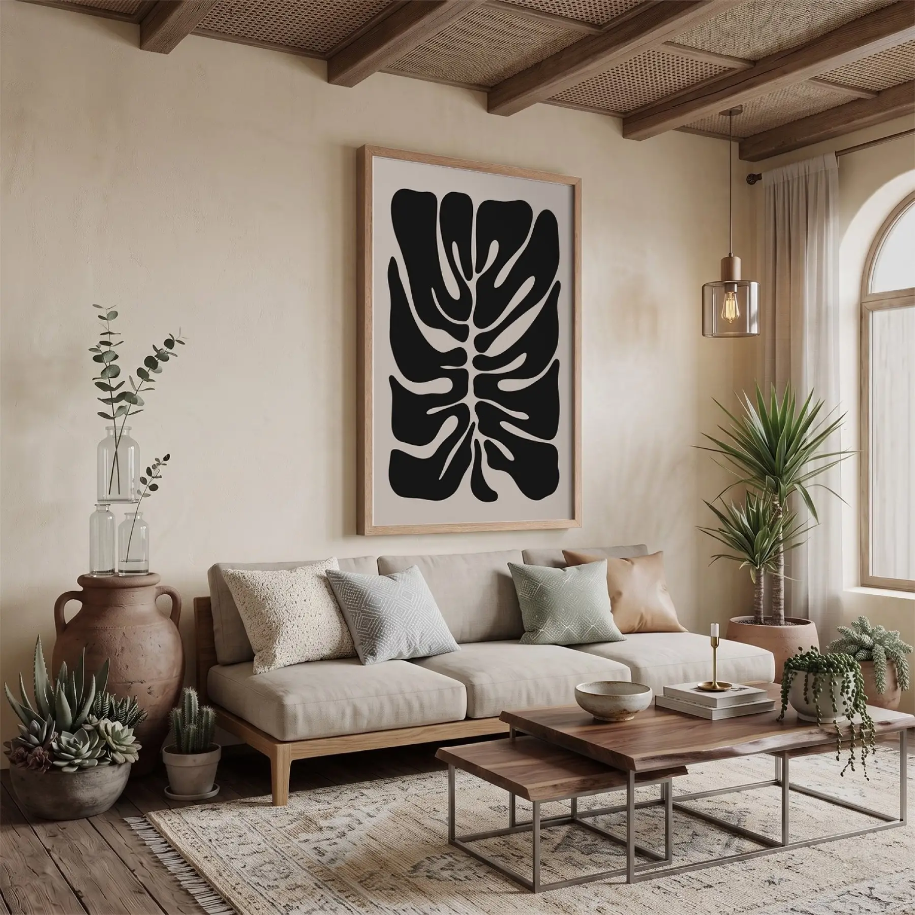 Soyut Monstera Sanatı Doğal Ahşap Çerçeveli Tablo Poster Dekoratif Obje Ev Aksesuarları Modern
