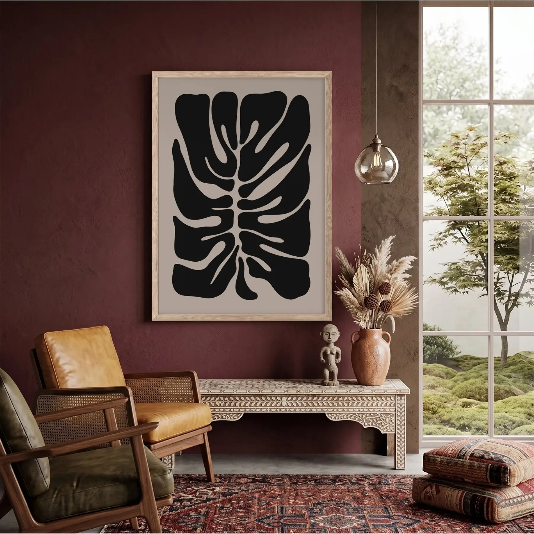 Soyut Monstera Sanatı Doğal Ahşap Çerçeveli Tablo Poster Dekoratif Obje Ev Aksesuarları Modern