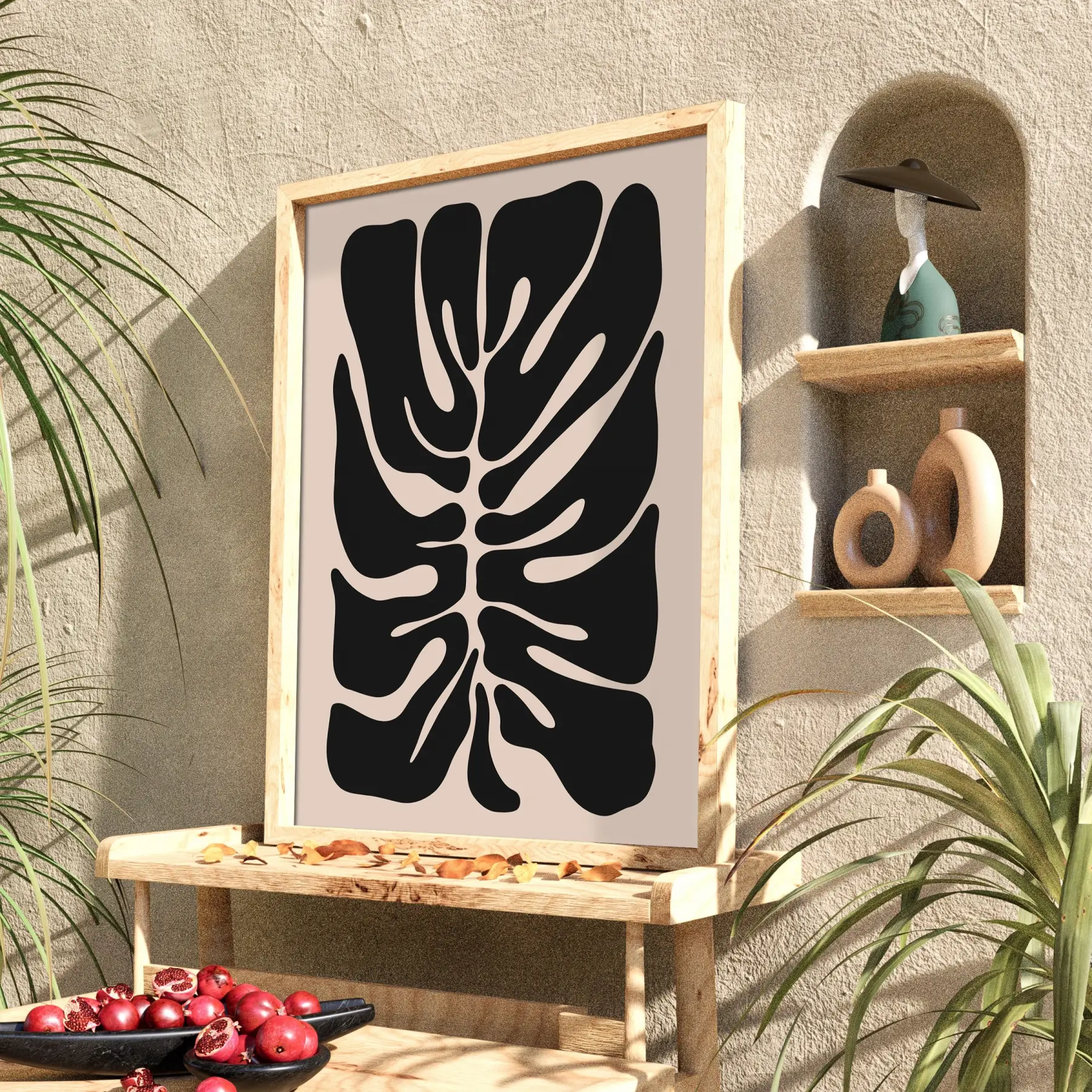 Soyut Monstera Sanatı Doğal Ahşap Çerçeveli Tablo Poster Dekoratif Obje Ev Aksesuarları Modern