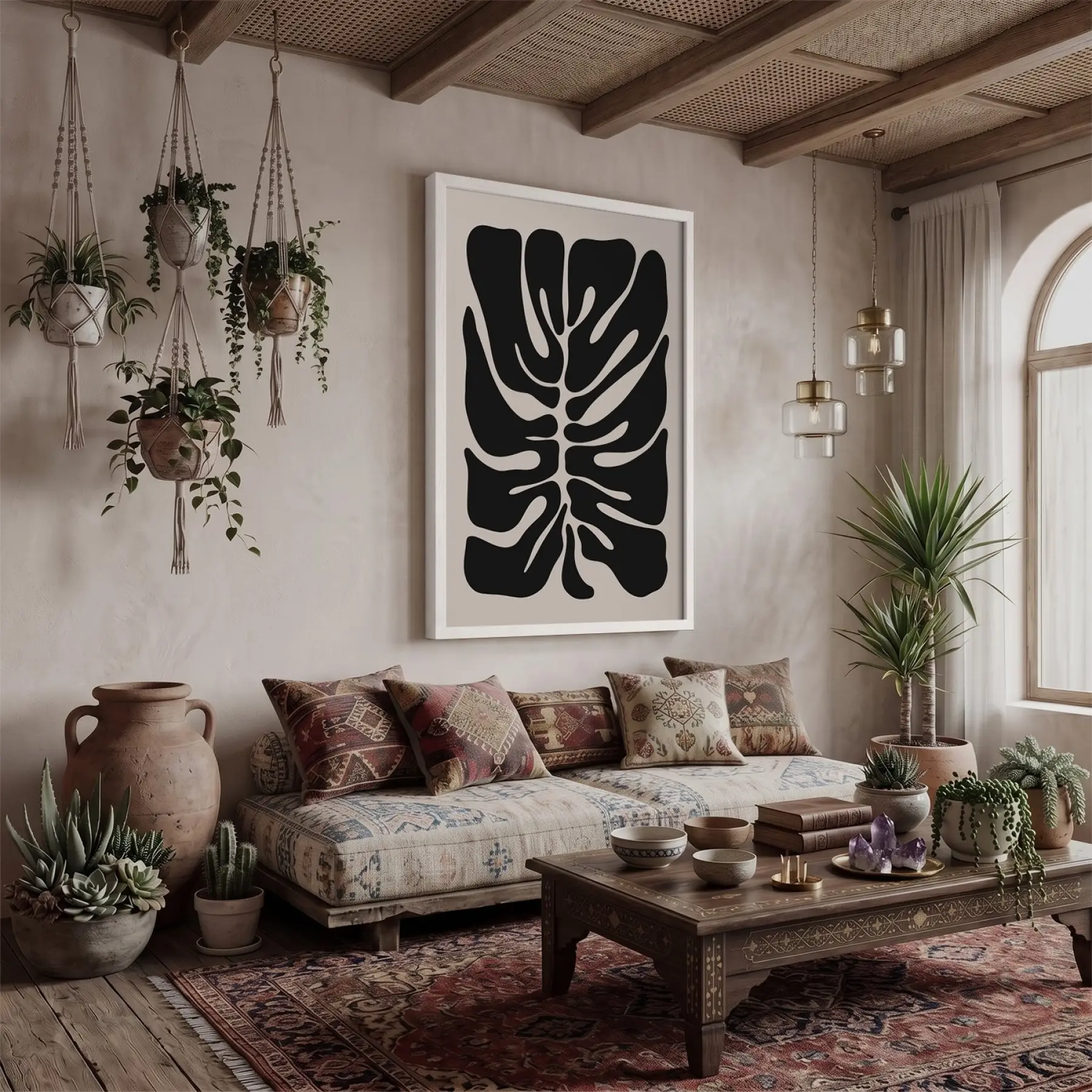 Soyut Monstera Sanatı Beyaz Ahşap Çerçeveli Tablo Poster Dekoratif Obje Ev Aksesuarları Modern