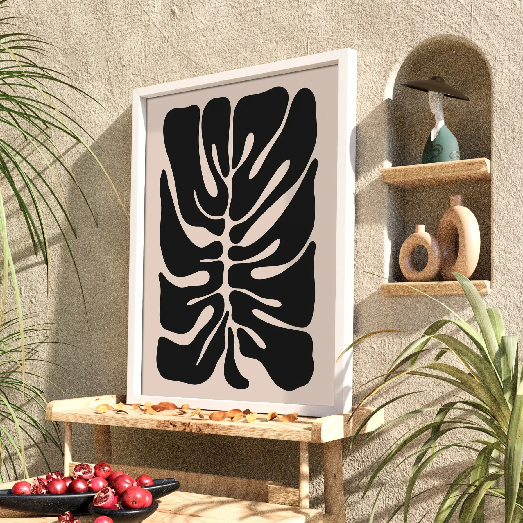 Soyut Monstera Sanatı Beyaz Ahşap Çerçeveli Tablo Poster Dekoratif Obje Ev Aksesuarları Modern