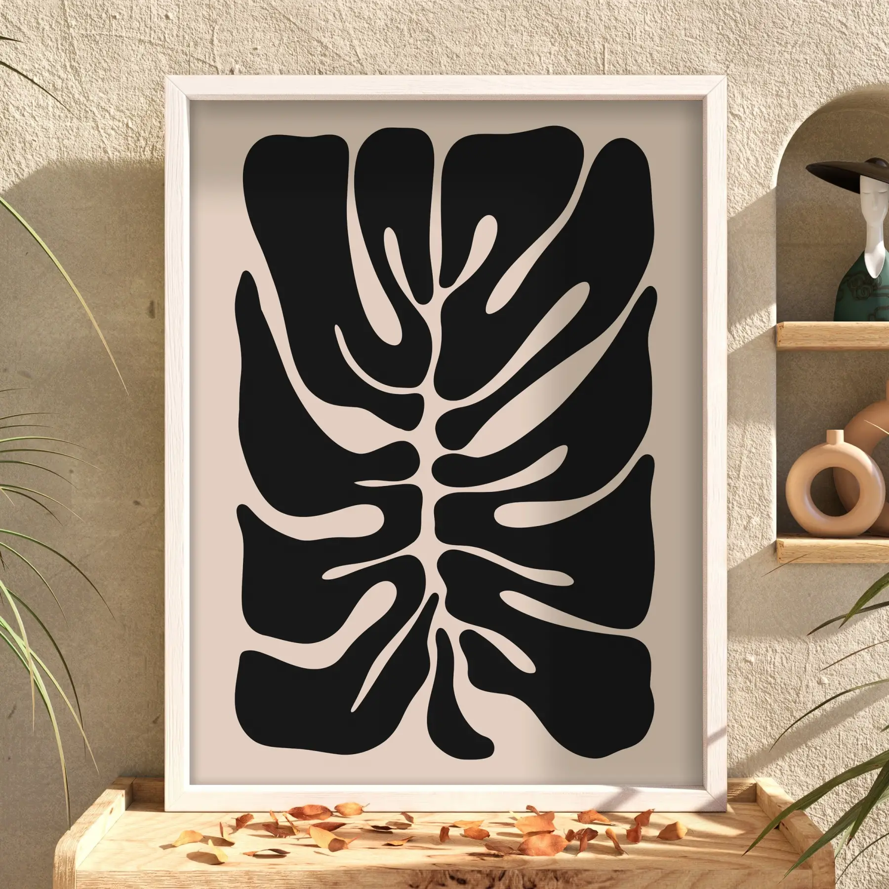 Soyut Monstera Sanatı Beyaz Ahşap Çerçeveli Tablo Poster Dekoratif Obje Ev Aksesuarları Modern