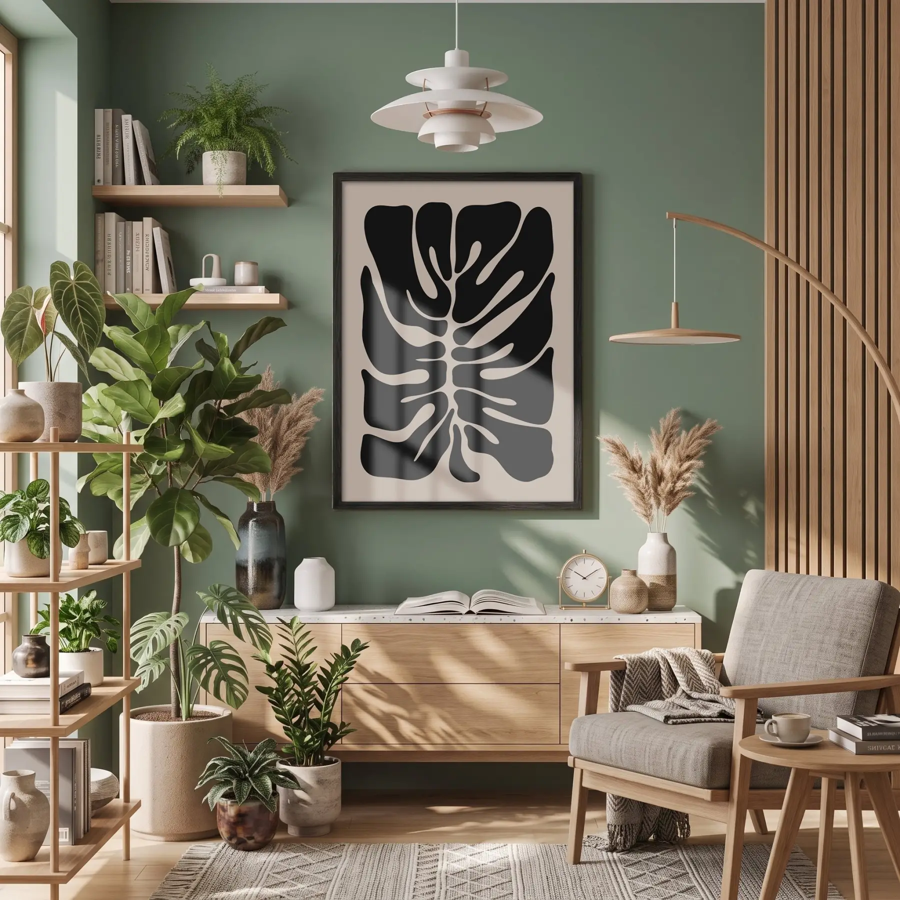 Soyut Monstera Sanatı Siyah Ahşap Çerçeveli Tablo Sanat İç Mekan Yatak Koridor Ofis