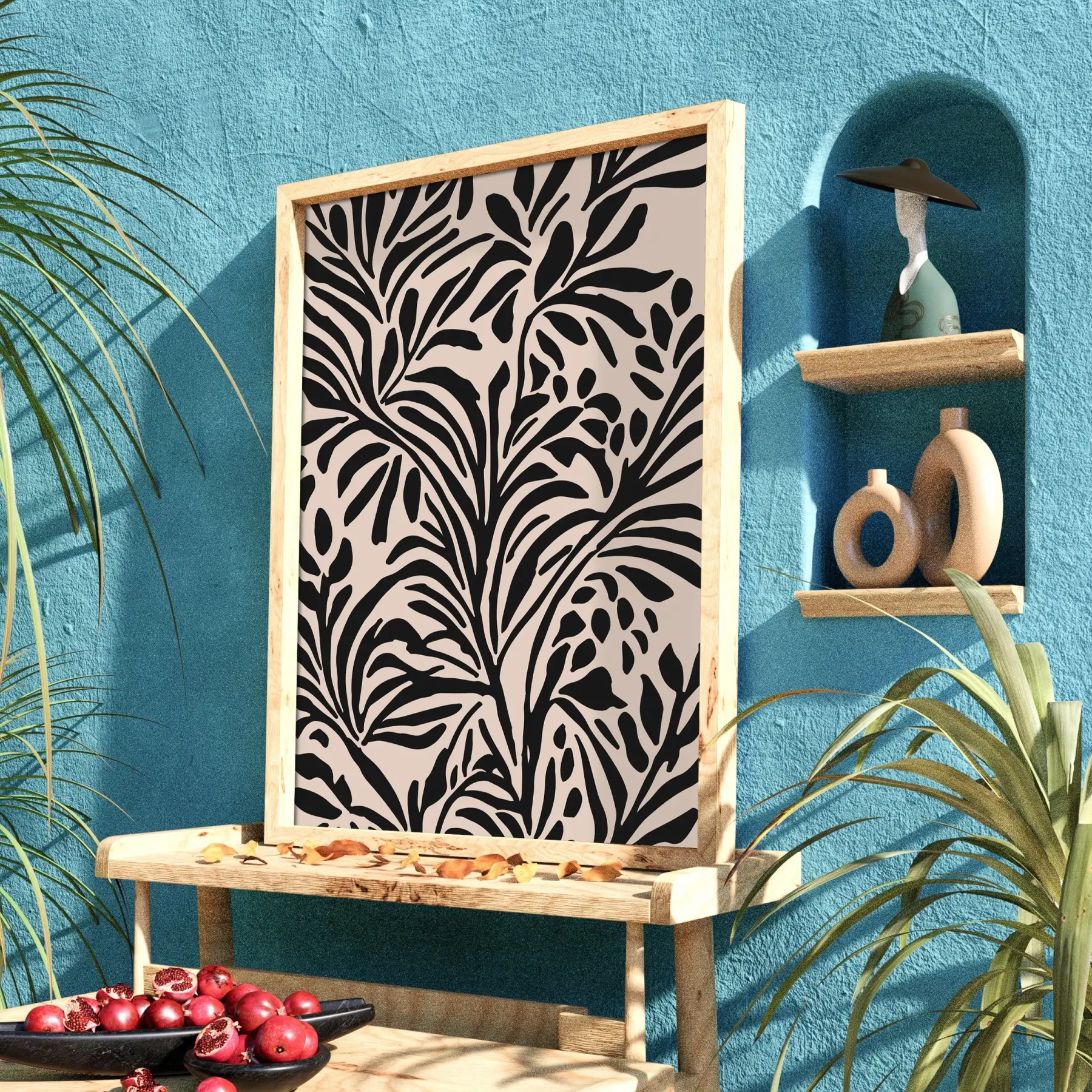 Organik Siyah Yaprak Soyut Tablo Doğal Ahşap Çerçeveli Dekoru Poster Obje Ev Aksesuarları