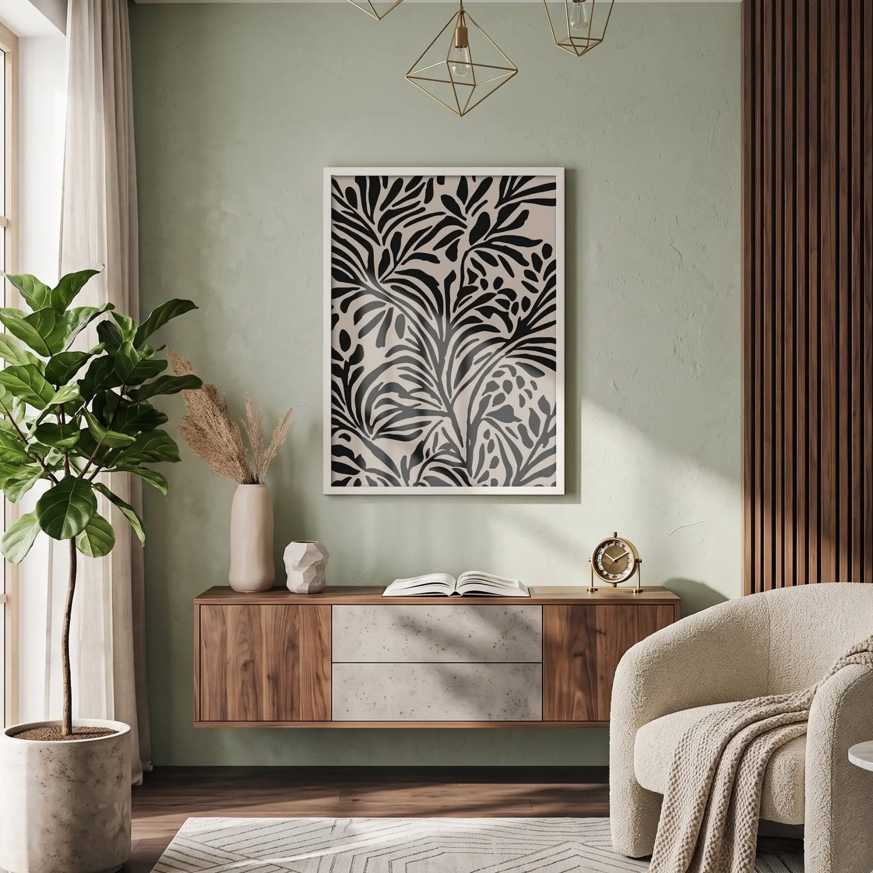 Organik Siyah Yaprak Soyut Tablo Beyaz Ahşap Çerçeveli Ev Aksesuarları Modern Sanat İç