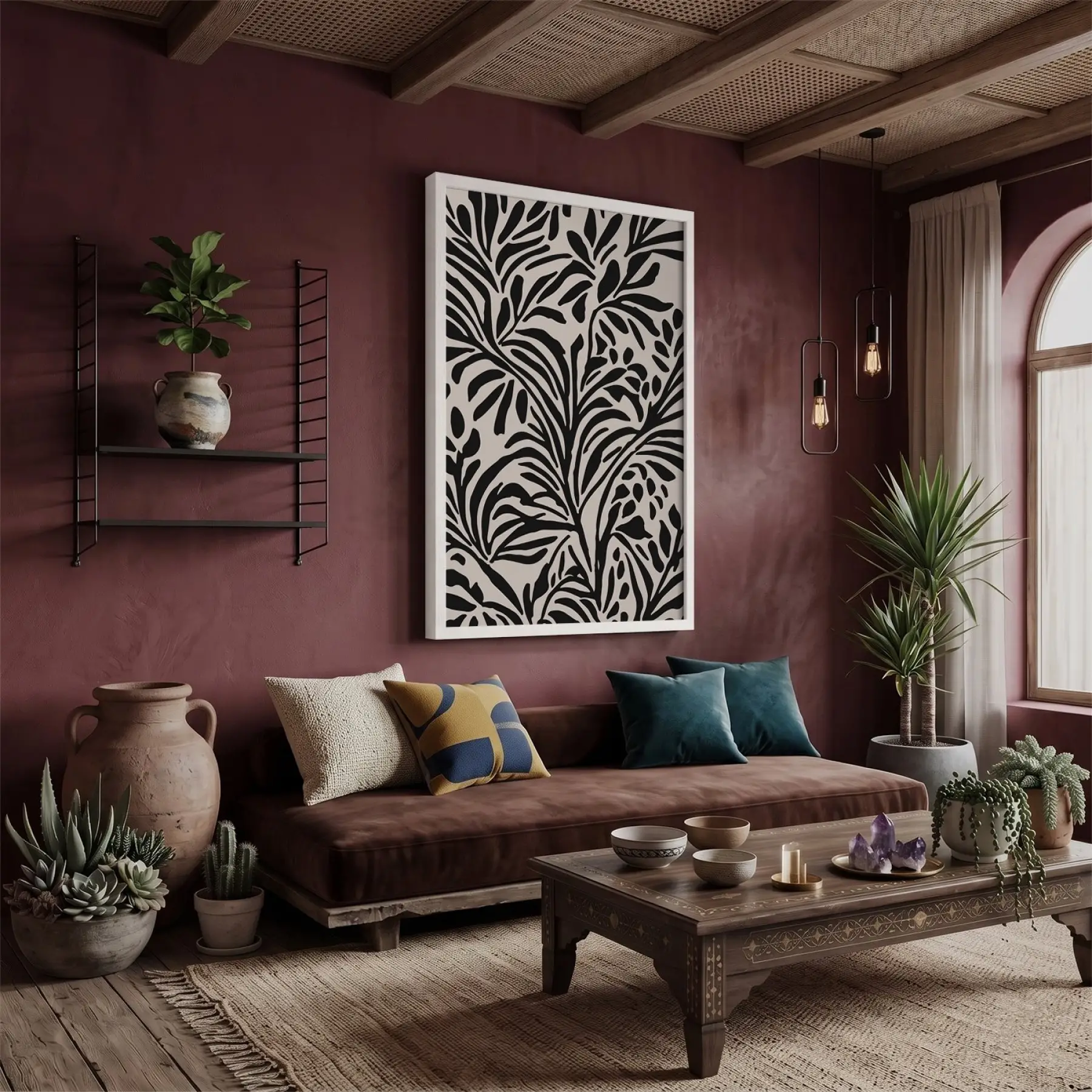 Organik Siyah Yaprak Soyut Tablo Beyaz Ahşap Çerçeveli Ev Aksesuarları Modern Sanat İç