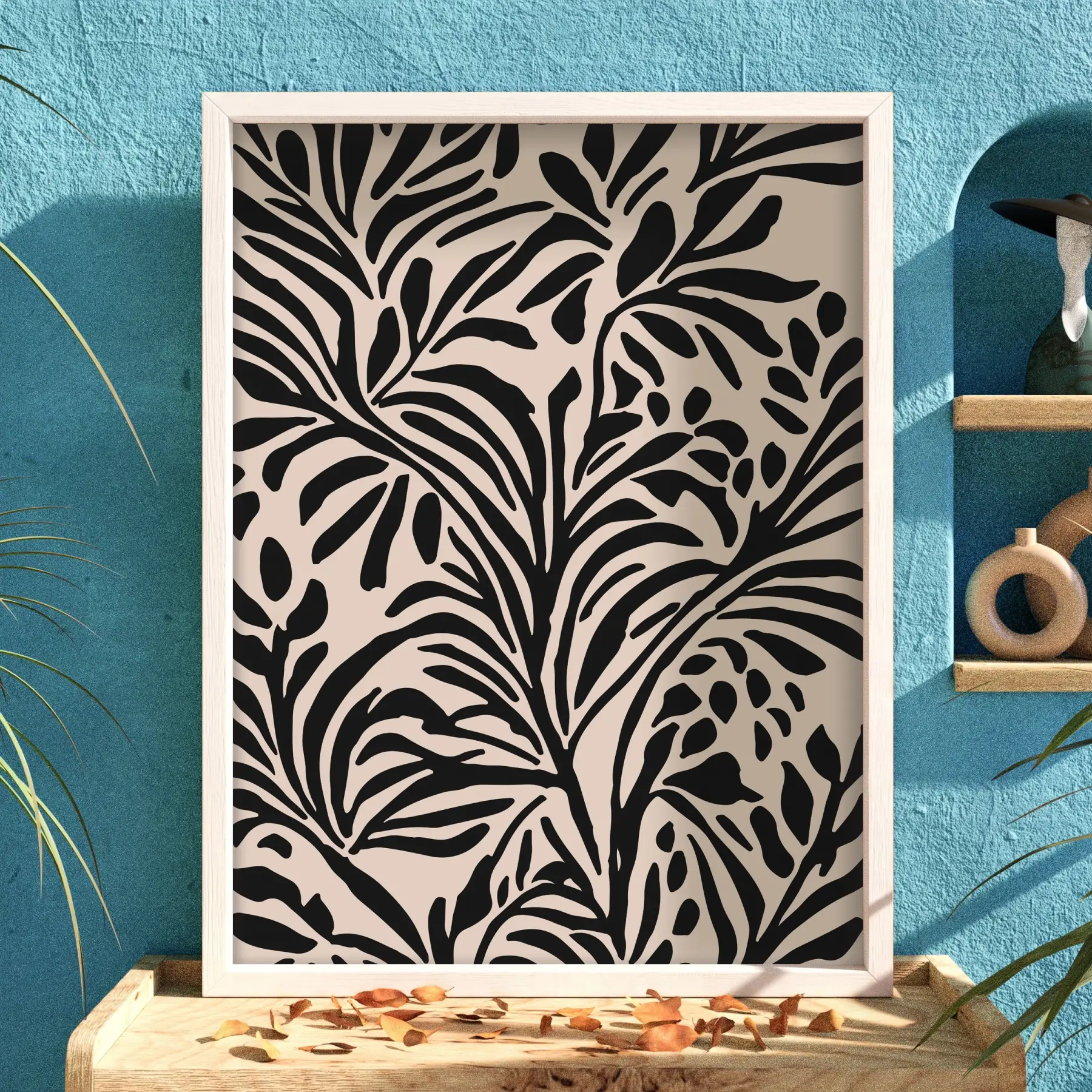 Organik Siyah Yaprak Soyut Tablo Beyaz Ahşap Çerçeveli Ev Aksesuarları Modern Sanat İç