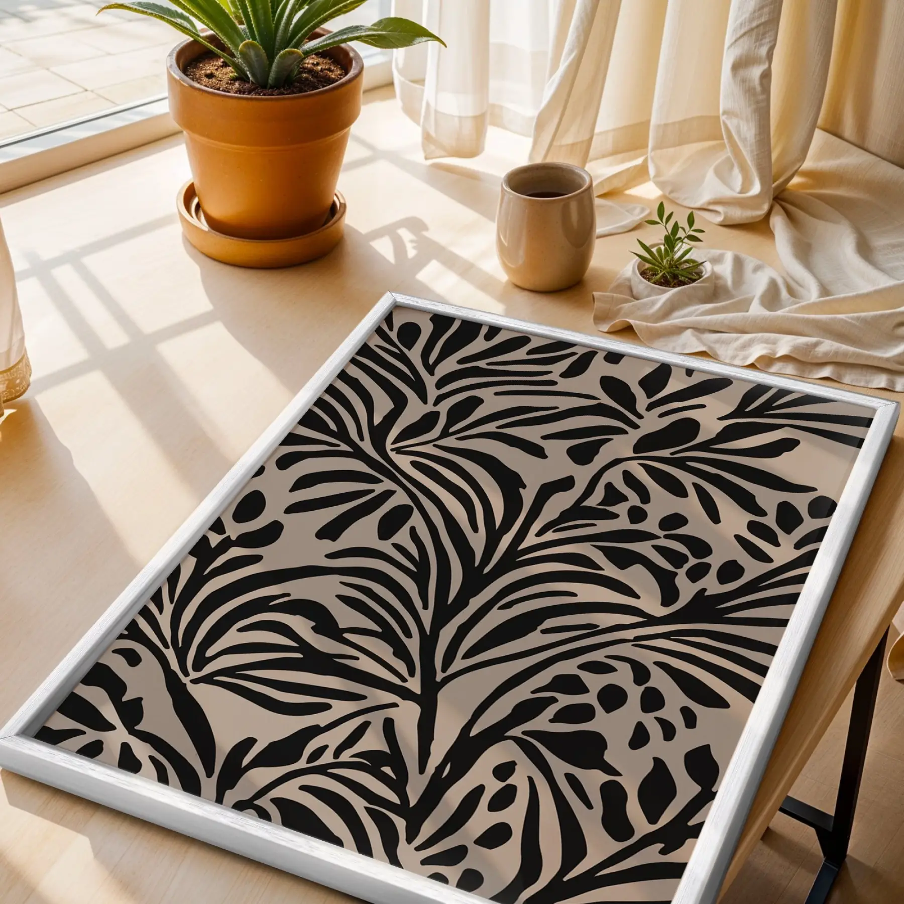 Organik Siyah Yaprak Soyut Tablo Beyaz Ahşap Çerçeveli Ev Aksesuarları Modern Sanat İç